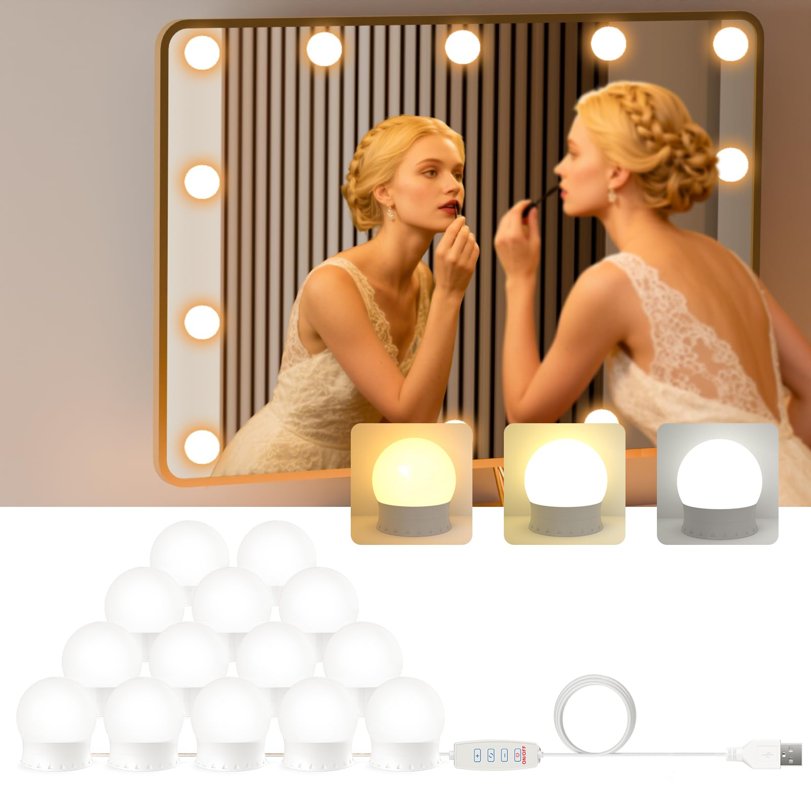 Schminktisch Beleuchtung 14 Dimmbar Birnes mit Adapter, Make-up Spiegellicht mit 3 Farbmodi, Hollywood Lichter Lampe mit USB-Kabel für Spiegel (14 Birnen) Angebot bei HelloDeals