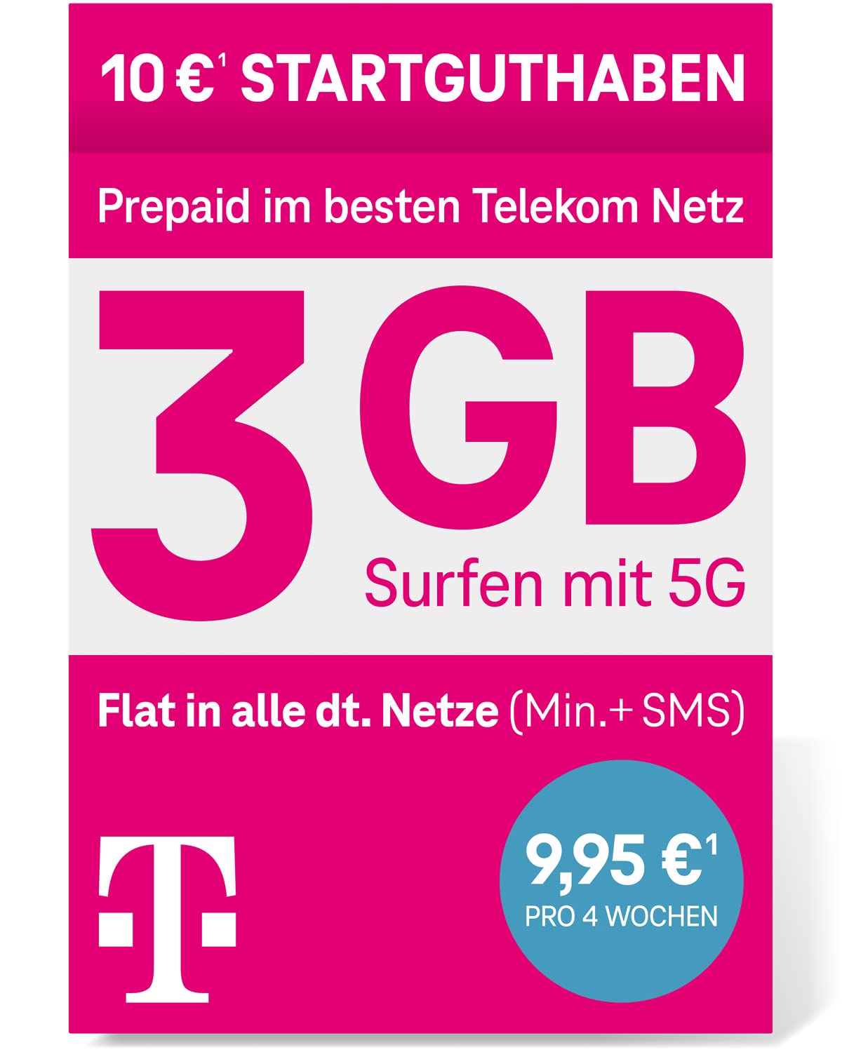 Telekom MagentaMobil Prepaid M SIM-Karte ohne Vertragsbindung, 5G inklusive I + 3 GB & Allnet Flat (Min, SMS) in alle dt. Netze & EU-Roaming I 10EUR Startguthaben Angebot bei HelloDeals