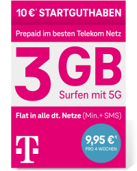 Telekom MagentaMobil Prepaid M SIM-Karte ohne Vertragsbindung, 5G inklusive I + 3 GB & Allnet Flat (Min, SMS) in alle dt. Netze & EU-Roaming I 10EUR Startguthaben Angebot bei HelloDeals