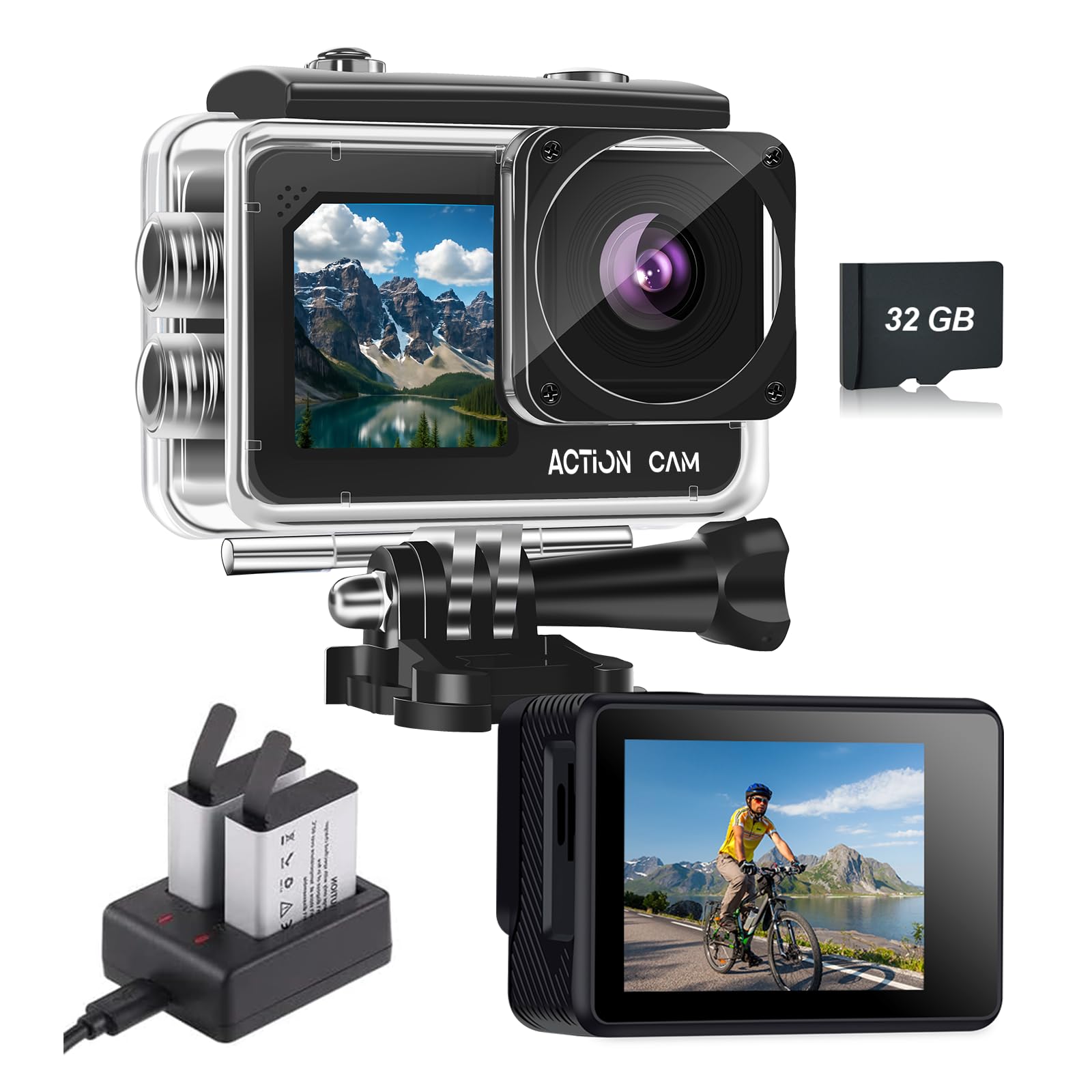 Action cam mit 32G Karte Dual actionkameras,Unterwasserkamera mit 2×1050 mAh wiederaufladbare Akkus und Zubehör-Set(N300+32GB Karte) Angebot bei HelloDeals