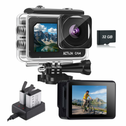 Action cam mit 32G Karte Dual actionkameras,Unterwasserkamera mit 2×1050 mAh wiederaufladbare Akkus und Zubehör-Set(N300+32GB Karte) Angebot bei HelloDeals