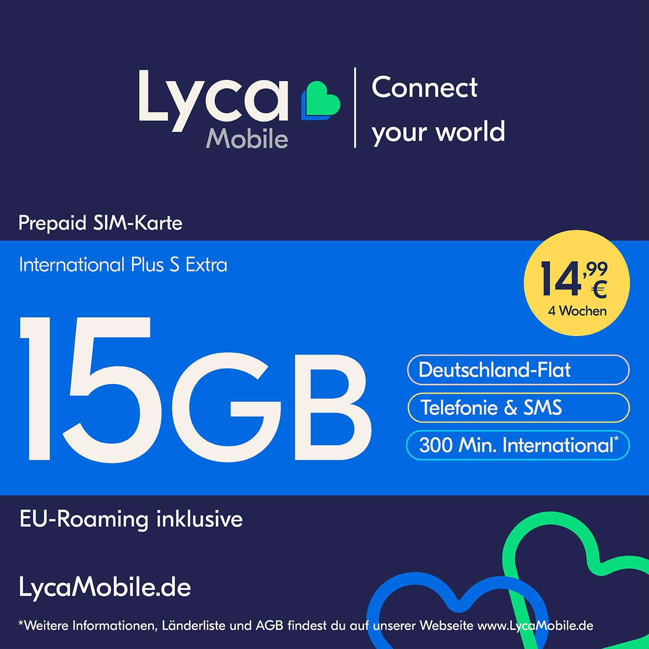 Lycamobile International Plus S extra Prepaid Smartphone SIM Karte ohne Vertrag inkl. 15 GB Datenvolumen Angebot bei HelloDeals
