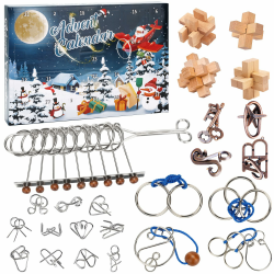 Adventskalender 2025 Knobelspiele für Kinder & Erwachsene, 24 Tage von Weihnachtskalender Geschenke mit Metall Knobelei und 3D Holzk Knobel für Jungen Mädchen Teenager, 3D Puzzle Weihnachts Geschenke Angebot bei HelloDeals
