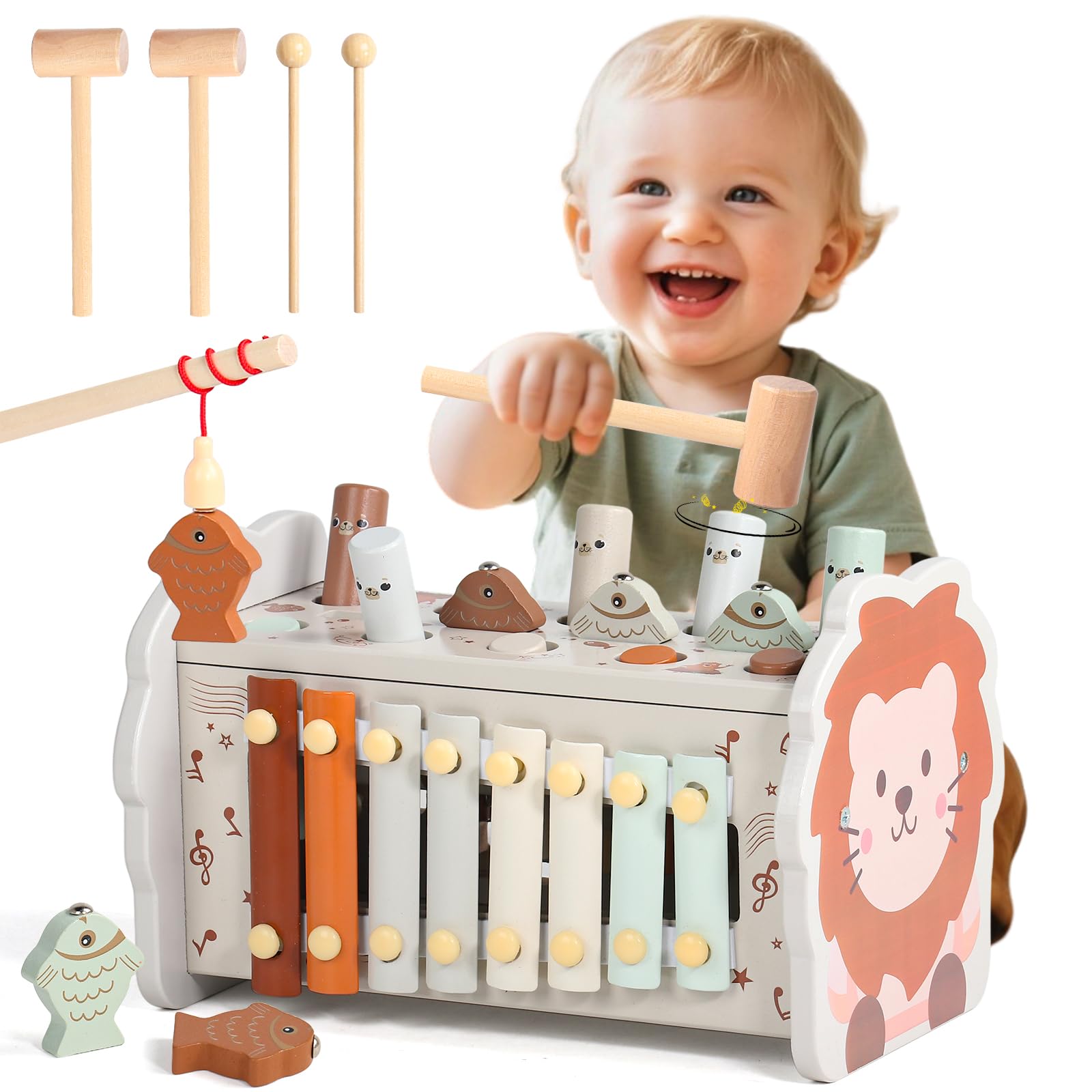 Montessori Spielzeug ab 1 jahr - 4 in 1 Motorikspielzeug Kinderspielzeug Holzspielzeug ab 1 jahr-Hammerspiel Xylophon Kinder ab 1 jahr Weihnachten Geschenk Geschenke zum 1 Geburtstag Mädchen Junge Farbe morandi Angebot bei HelloDeals