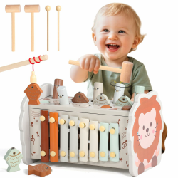 Montessori Spielzeug ab 1 jahr - 4 in 1 Motorikspielzeug Kinderspielzeug Holzspielzeug ab 1 jahr-Hammerspiel Xylophon Kinder ab 1 jahr Weihnachten Geschenk Geschenke zum 1 Geburtstag Mädchen Junge Farbe morandi Angebot bei HelloDeals