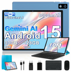 2026 Neuestes 10 Zoll Android 15 Tablet mit Gemini AI, 30 GB RAM + 128 GB ROM, 8-Core 2,0 GHz, GMS, Widevine L1, 8000 mAh, GPS, OTG, 5G WiFi 6 & BT 5.0, Tablet-Sonderangebot mit Tastatur und Maus–Blau Blau-25 Angebot bei HelloDeals