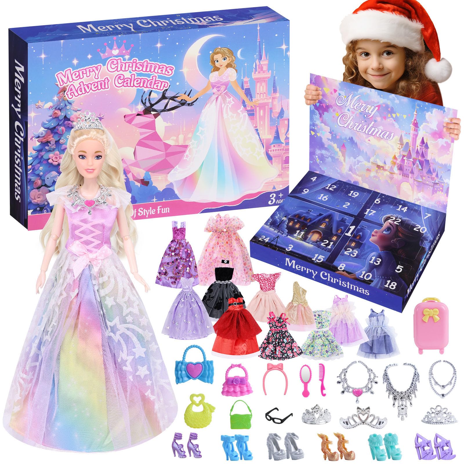 Adventskalender 2025 für Mädchen – Kinder Weihnachtskalender mit 24 Überraschungen, Puppe mit Kleidung & Zubehör, Kreativer Weihnachtskalender Kinder Mädchen Angebot bei HelloDeals