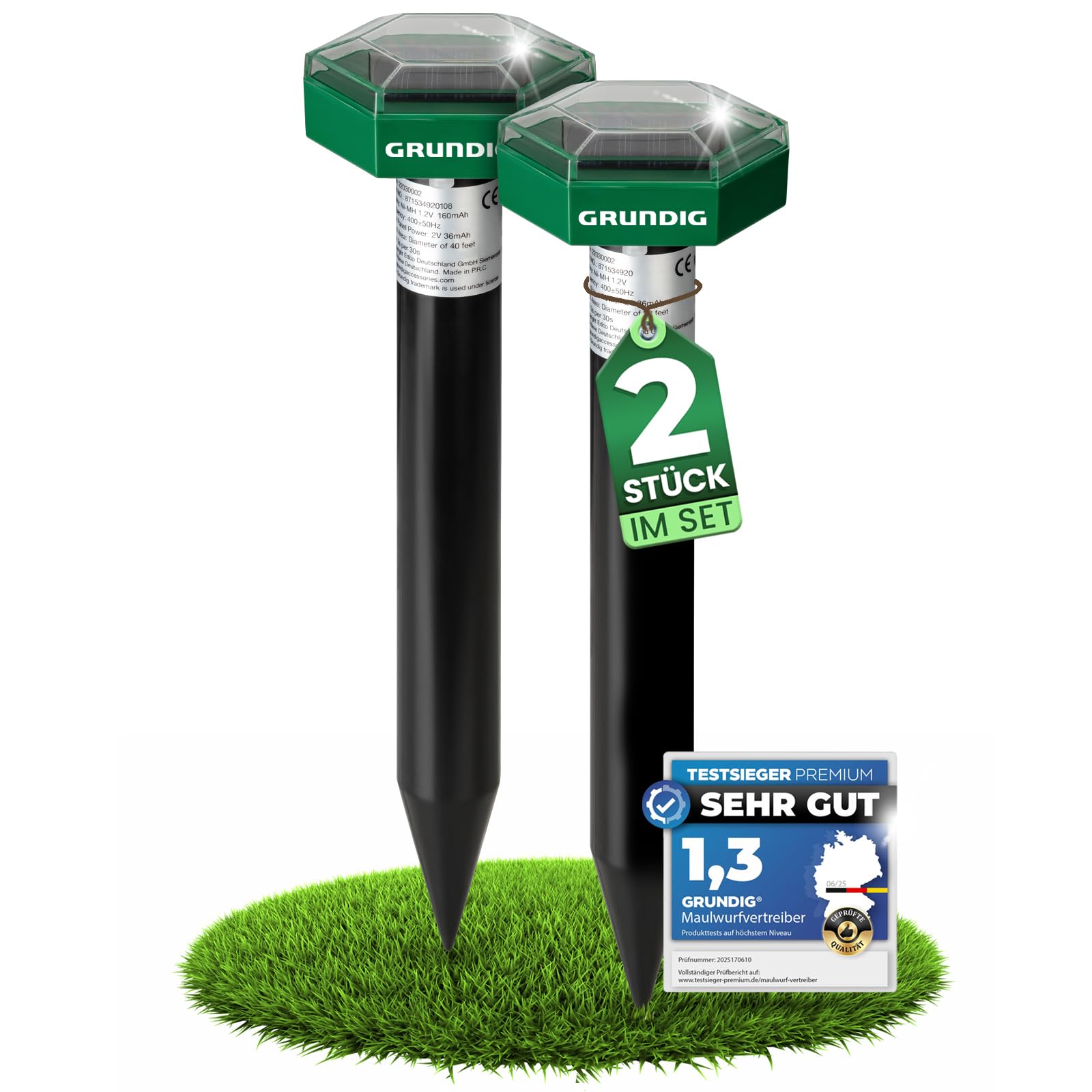 GRUNDIG Maulwurf Vertreiber Wühlmausschreck 2erPack - SCHNELLE Ergebnisse mit extremen Wirkradius I Wühlmaus, Maulwurf vertreiben - Solar Maulwurfschreck Maulwurfvertreiber (dunkelgrün) Angebot bei HelloDeals