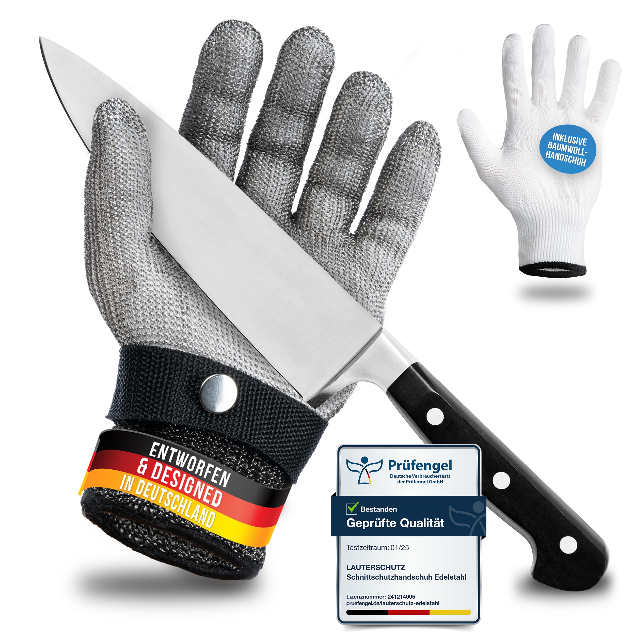 ® Schnittschutzhandschuh aus Edelstahl-Draht - hoher komfort & sicheres Schneiden - praktisch, leicht zu reinigen & lebensmittelecht - inklusive Baumwoll Handschuh (L) L Edelstahl Angebot bei HelloDeals
