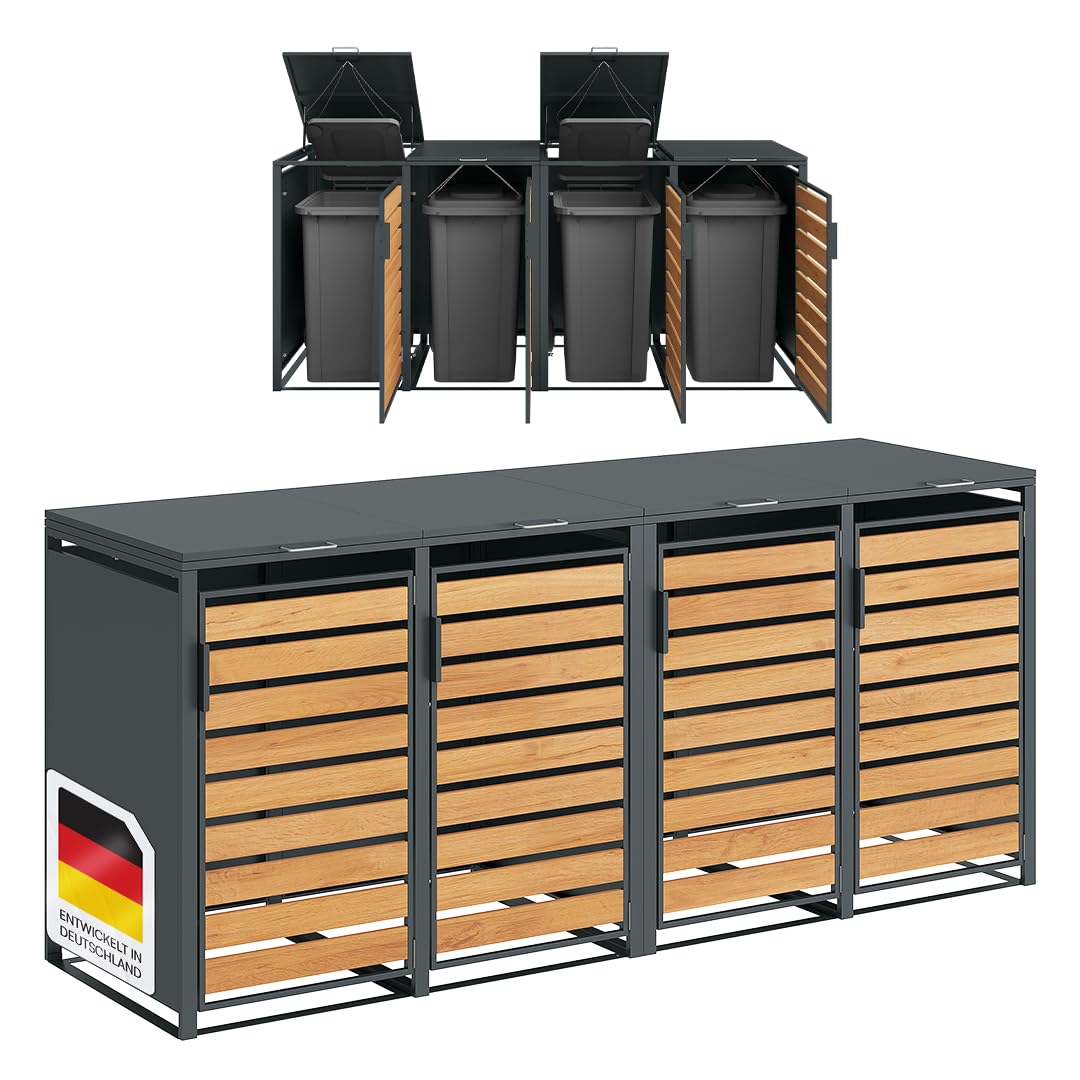 STEELSØN Kestra Mülltonnenbox 4er bis 240L – Mülltonnenverkleidung aus Stahl mit Sichtstreifen in Holzoptik – hochwertige Müllcontainer für 4 Tonnen – Müllbox in Anthrazit – Gerätebox wetterfest Anthrazit - mit Holzoptik 4 Türen Angebot bei HelloDeals