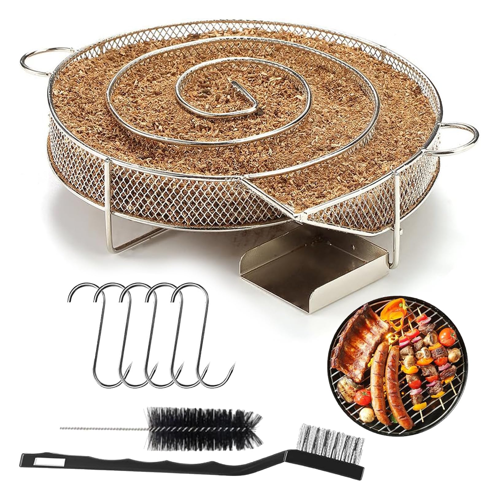 Edelstahl Kaltraucherzeuger, Rund Rauchgenerator mit 5 Fleischhaken + 2 Reinigungsbürsten, für Grillgeräte, Kugelgrill und Räucherofen Angebot bei HelloDeals