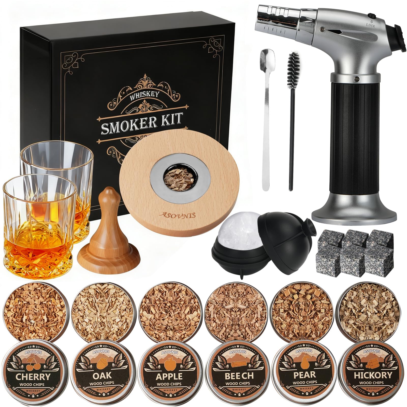 Whisky-Räucherset mit Fackel-6 Geschmacksrichtungen, Holzspäne, 2 Gläser, 6 Whiskysteine, Cocktail-Räucherset, Getränke-Räucherset, Geburtstagsgeschenke für Bourbon-Whiskey für Männer(kein Butan) Angebot bei HelloDeals