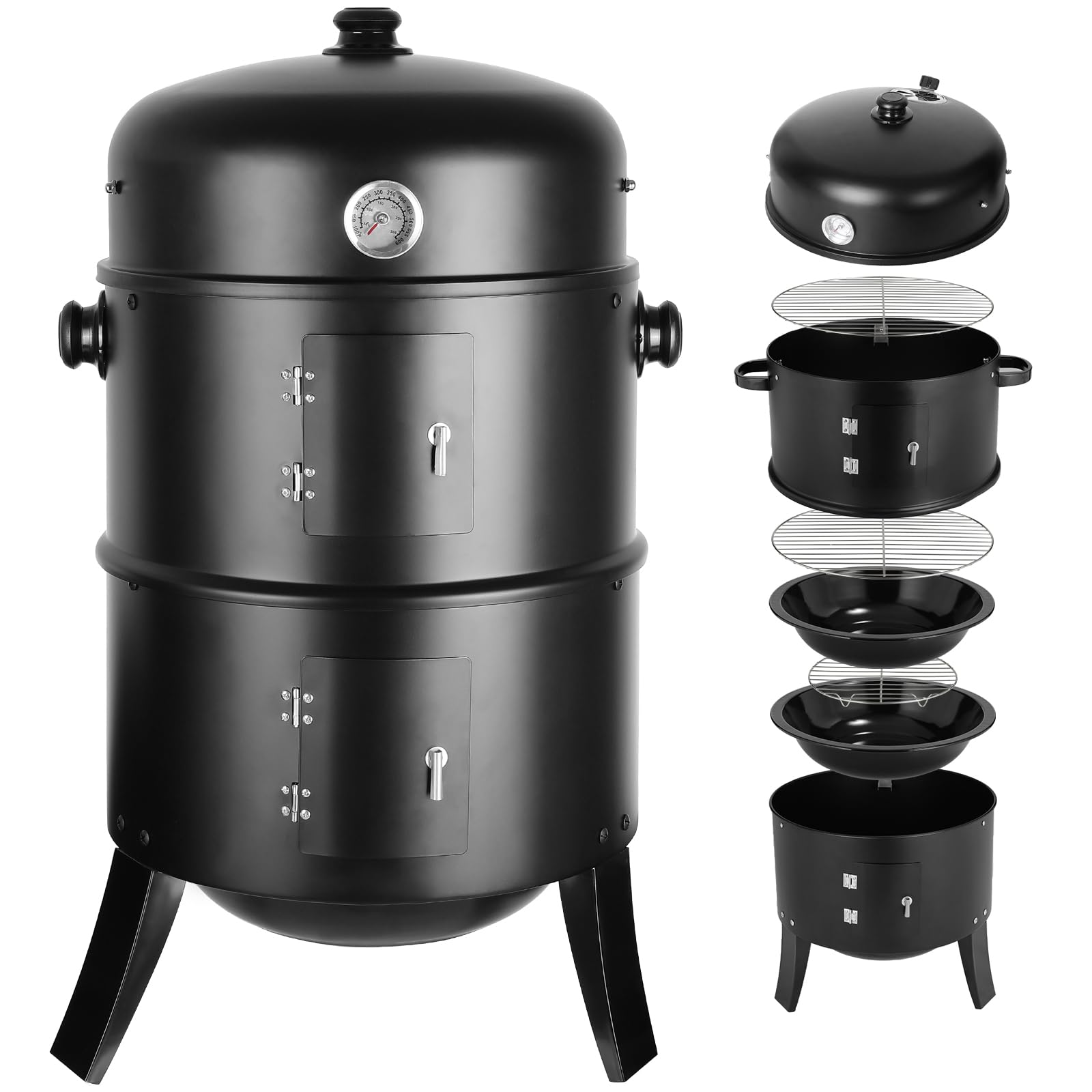 TLGREEN Räucherofen, 3 in 1 Smoker Grill Holzkohlegrill, Räuchertonne Räuchergrill Watersmoker, Räuchern Räucherofen mit Deckel & Thermometer, 2 Grillrost Edelstahl, 2 Wasserschale Emaille 44,5 x 44,5 x 80 cm Angebot bei HelloDeals