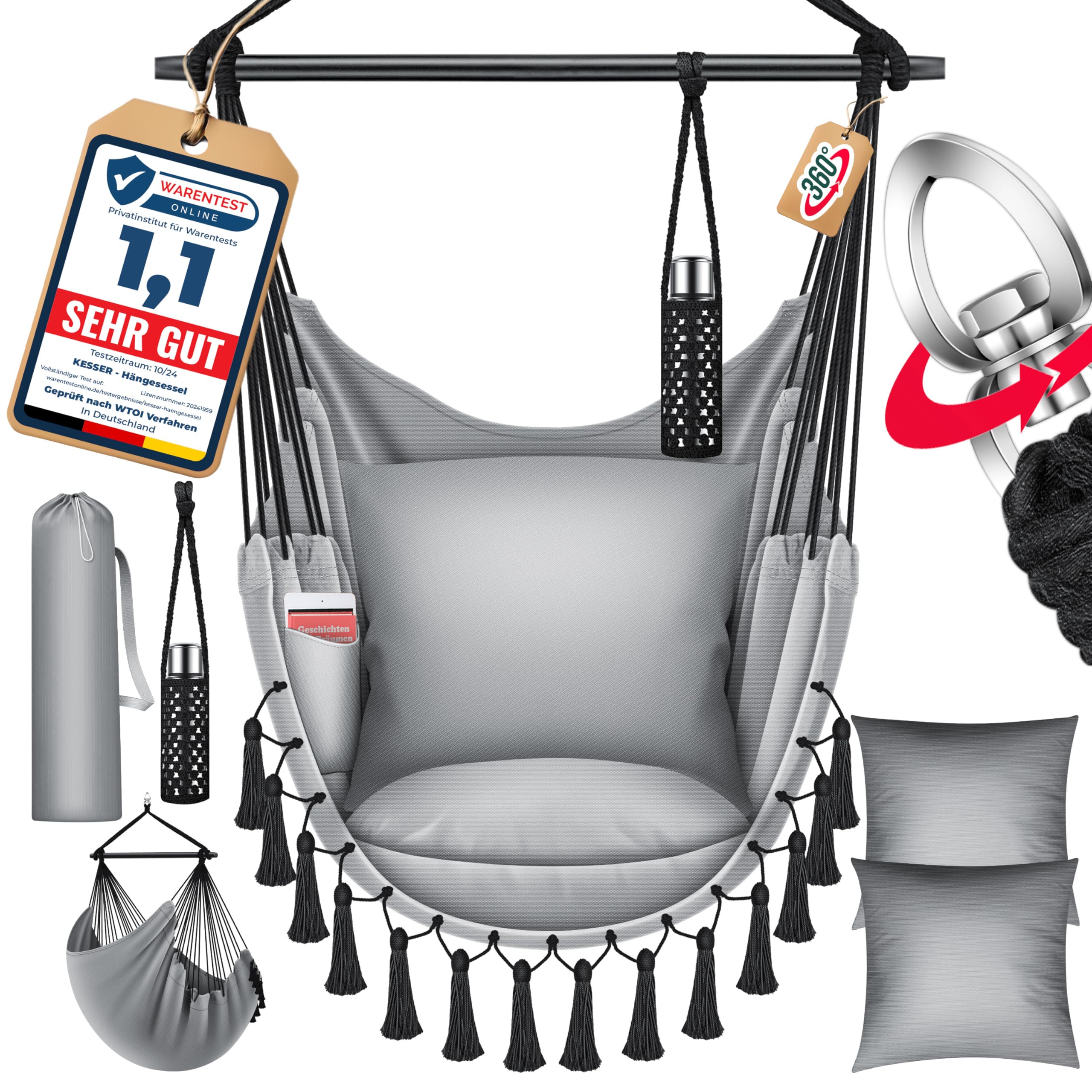 KESSER® Hängesessel Safari XXL Hängestuhl für Erwachsene & Kinder Hängematte bis 150 kg Hängesitz Aufhängung Indoor-Outdoor-Wohnen Inkl. Tragetasche, 2 Kissen, Getränkehalter & Bücherfach, Grau Angebot bei HelloDeals
