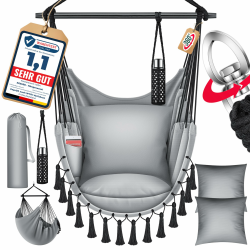 KESSER® Hängesessel Safari XXL Hängestuhl für Erwachsene & Kinder Hängematte bis 150 kg Hängesitz Aufhängung Indoor-Outdoor-Wohnen Inkl. Tragetasche, 2 Kissen, Getränkehalter & Bücherfach, Grau Angebot bei HelloDeals