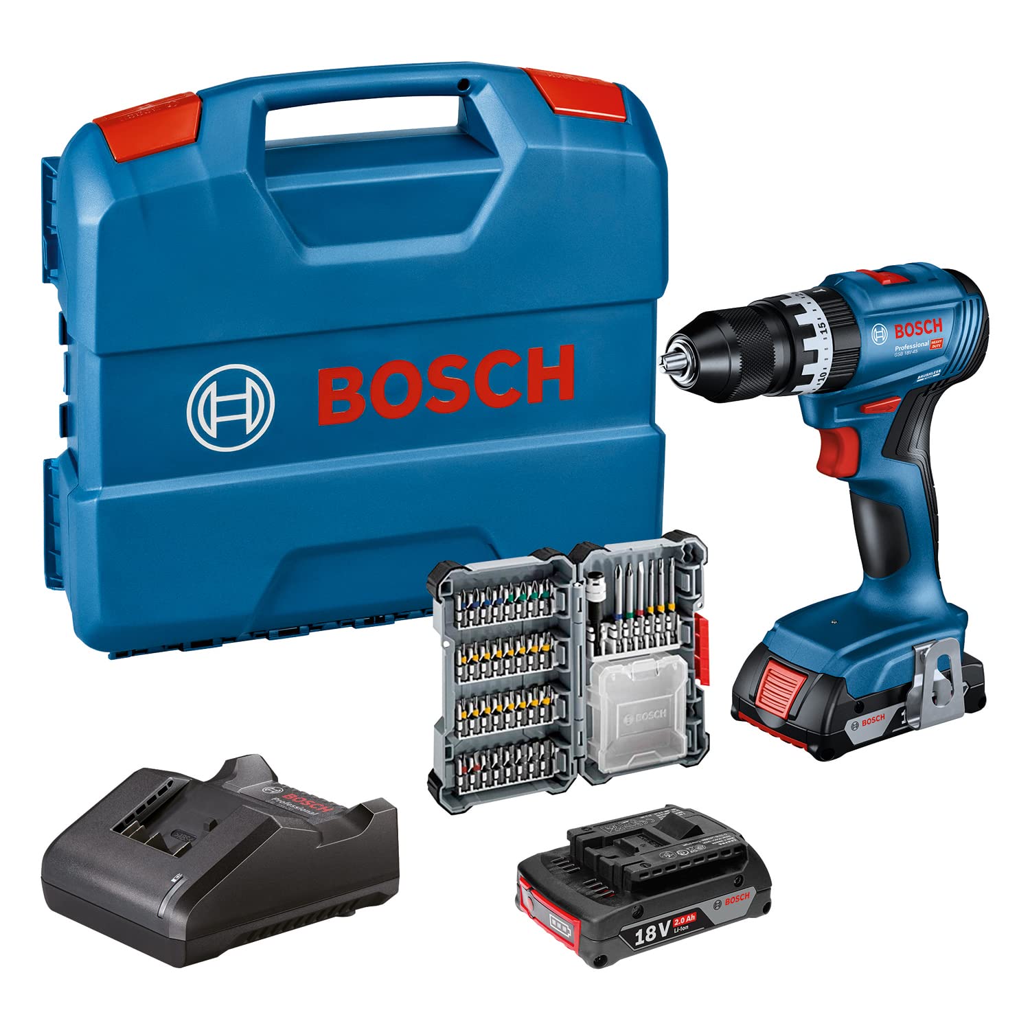 Bosch Professional 18V System Akku Schlagbohrschrauber GSB 18V-45 (Drehzahl 1.900 min⁻¹, inkl. 2x 2.0Ah Akku, Zubehöre, GAL 18V-20, L-Case) – Amazon Exclusive 2x 2.0Ah Akku+Lader + 40-teiliges Zubehörset Amazon Exclusive Set: in L-case Angebot bei HelloDeals