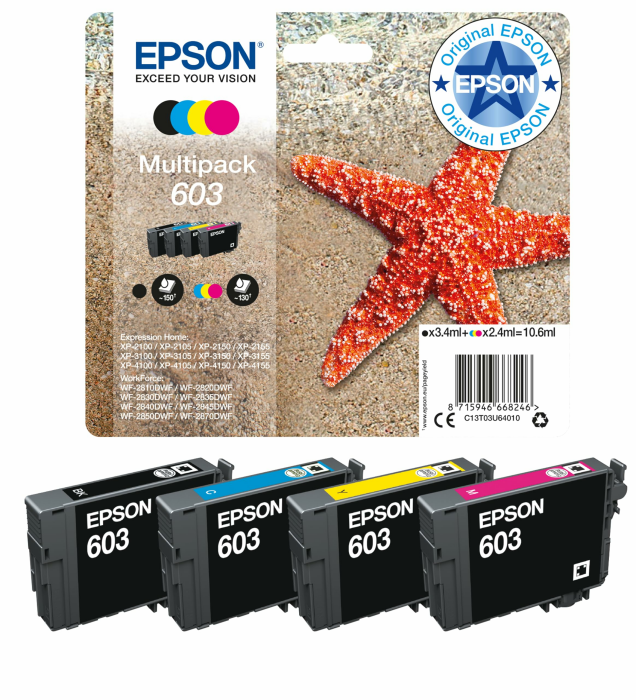 Epson Original 603 Tinte Seestern Multipack 4-farbig Standard, WF-2820DWF WF-2830DWF WF-2840DWF WF-2850DWF XP-2100 XP-2150 XP-3100 XP-3150 XP-4100 XP-4150, ReadyPrint Flex-Tintentarife Normalverpackung Standard Multipack (4-farbig) Angebot bei HelloDeals