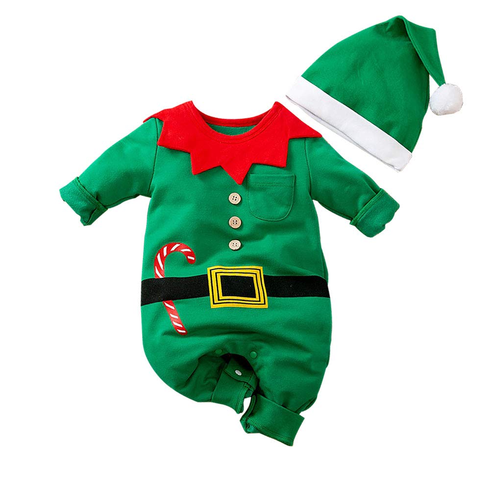 Baby Strampler Weihnachten Weihnachtsoutfit,Strampler Junge Mädchen,Neugeborenes Santa Elfen Schlafstrampler mit Hut Weihnachts Party Kleidung Set Grün-B 0-3 Monate Angebot bei HelloDeals