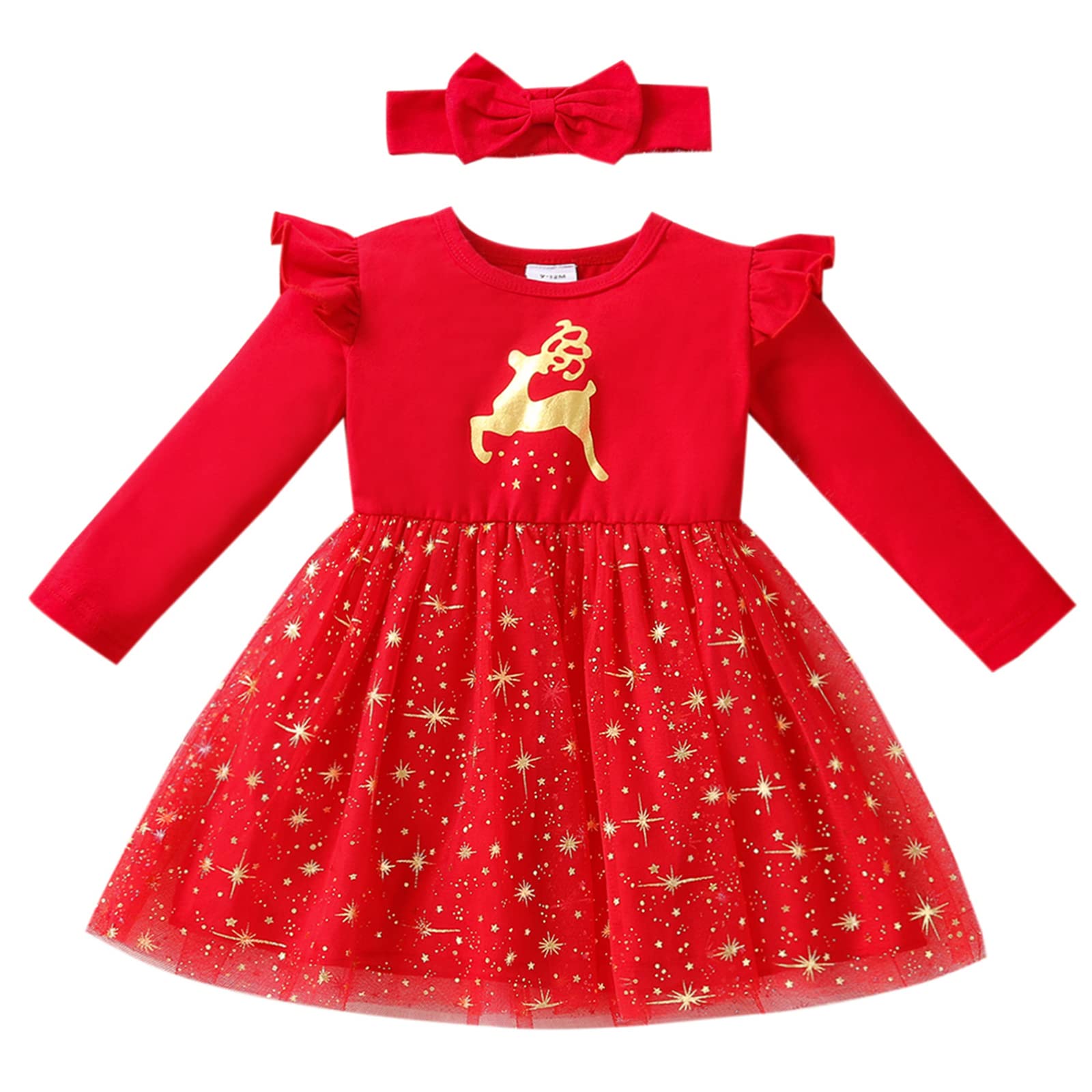 Geagodelia Baby Mädchen Weihnachten Kleid Outfit Prinzessin Weihnachtskleid Weihnachtsoutfit Langarm Babykleidung Neugeborene Weiche Kleidung My First Christmas 3-6 Monate Rot 22 - Elch Angebot bei HelloDeals