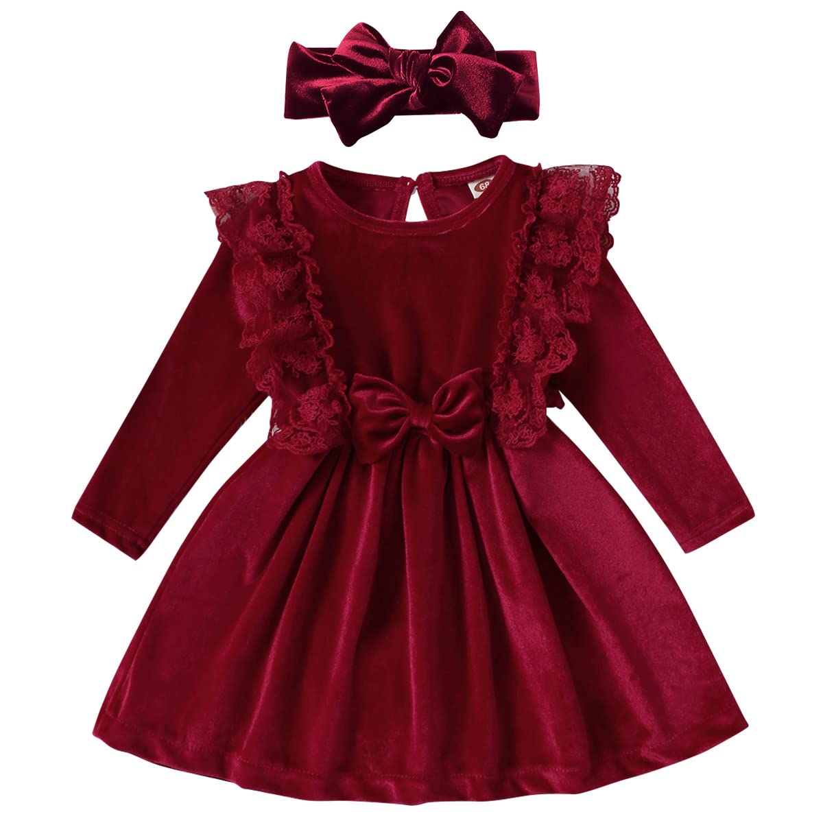 Baby Kleid Mädchen Langarm Spitze A Line Prinzessin Samtkleid + Stirnband Hochzeit Festlich Herbst Winter Kleidung Weinrot 12-18 Monate Angebot bei HelloDeals