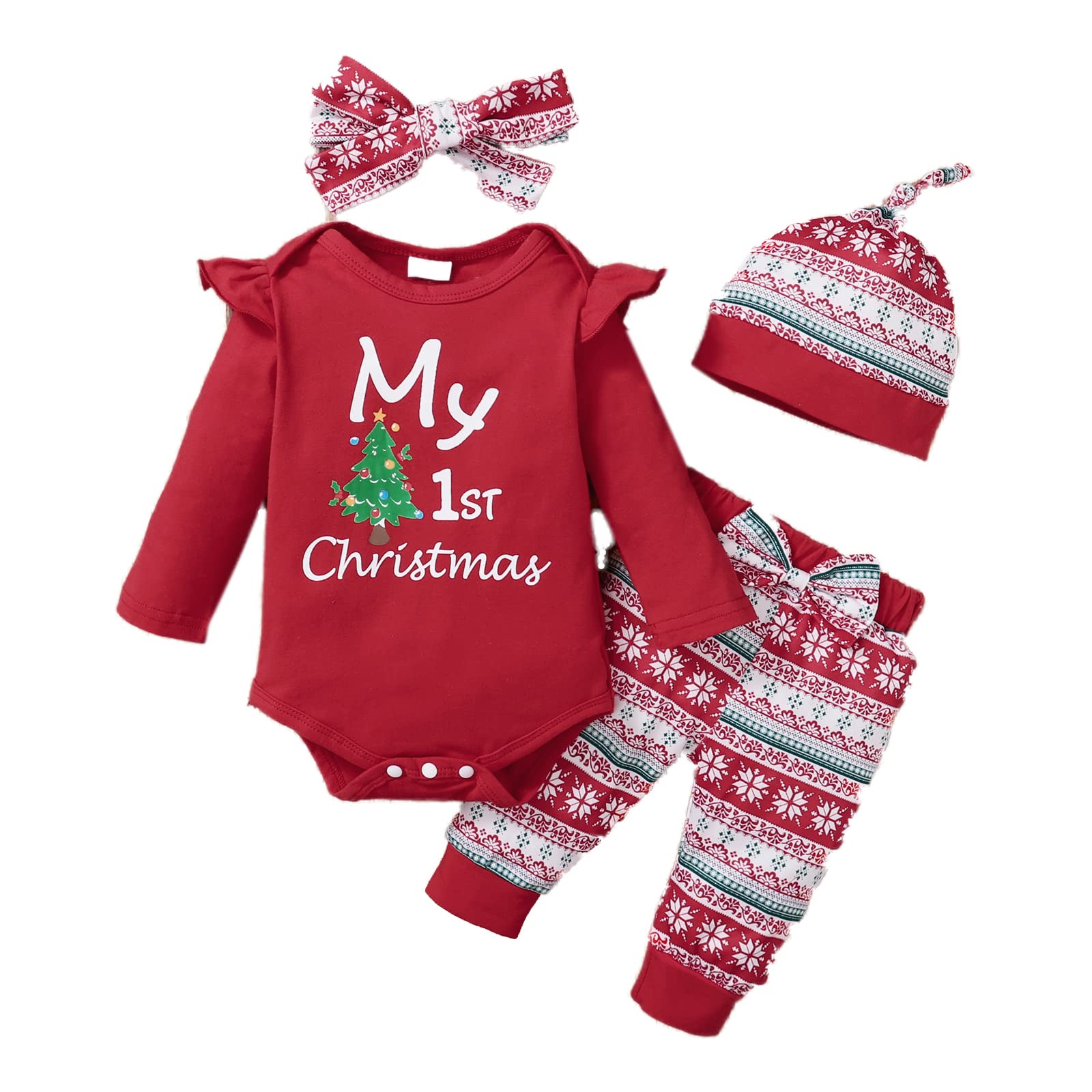Kleinkind Baby Mädchen My 1st Christmas Outfits Xmas Strampler Langarm Brief Print Bodysuit Schneeflocke Hose mit Hut Stirnband 4 Stück Set 0-3 Monate Rot Angebot bei HelloDeals