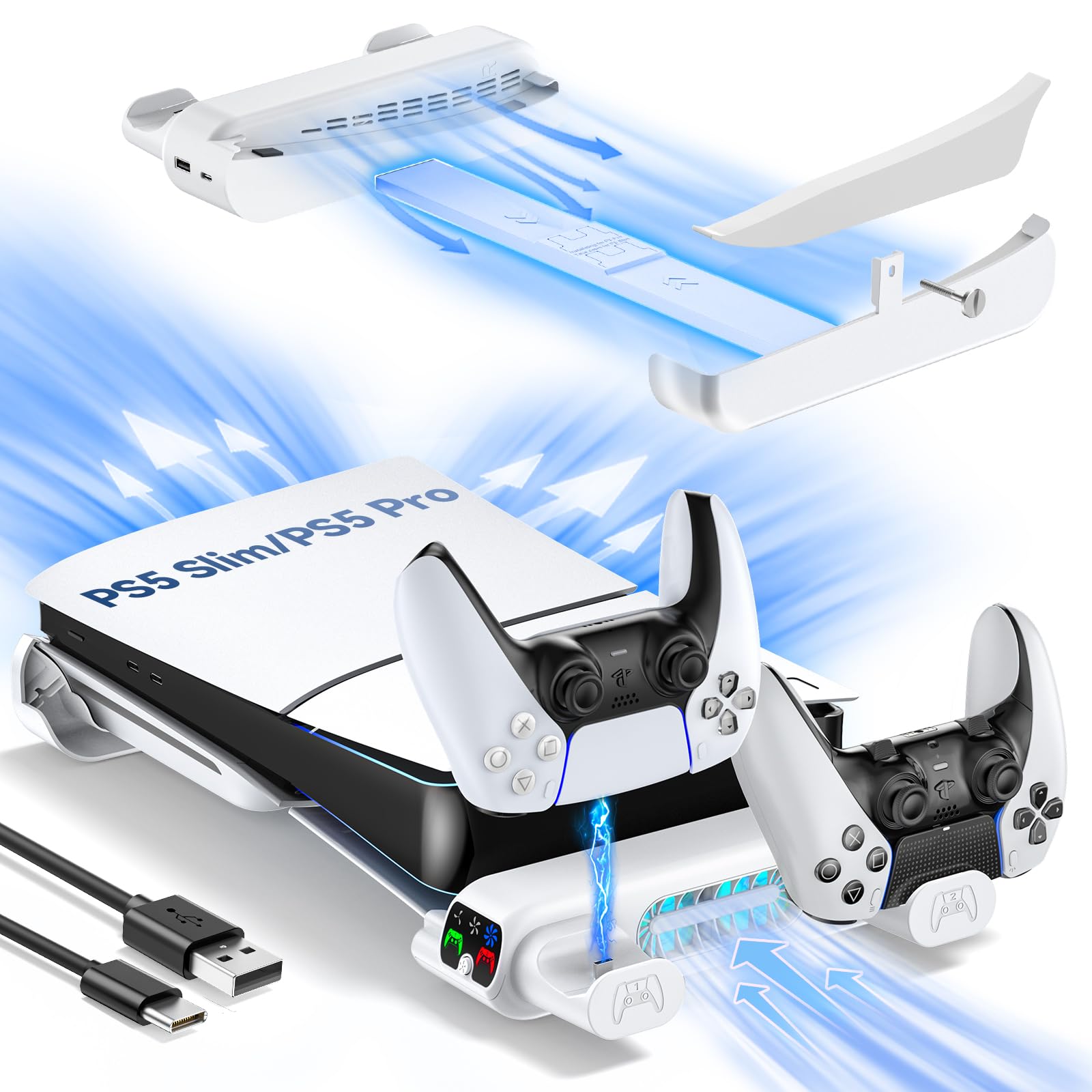 Horizontale PS5 Slim/Pro Halterung mit Kühler für Disc & Digital, PS5 Standfuß horizontal mit PS5 Ladestation, PS5 Horizontaler Ständer für PS5 Slim & Pro Konsole (Nicht für PS5 2020) Weiß Angebot bei HelloDeals