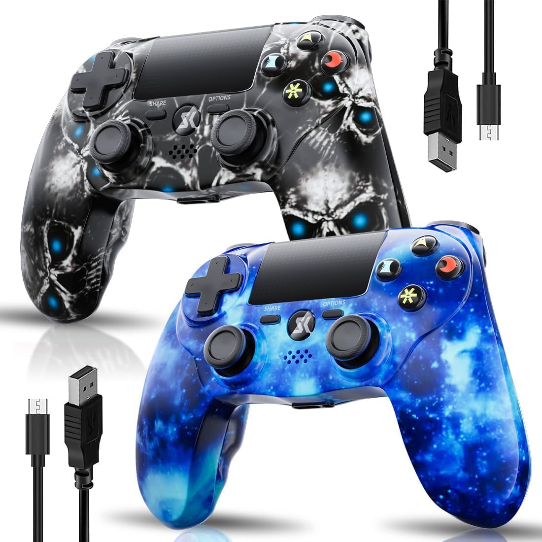 2er-Pack Kabelloser Controller für PS4, Multi-Plattform Controller kompatibel mit PS4/Pro/Slim/PC/iOS/Android/MacOS, mit Dual-Vibration/3,5-mm-Audio-Buchse/empfindlichem Touchpad (Blau & Schädel) Angebot bei HelloDeals