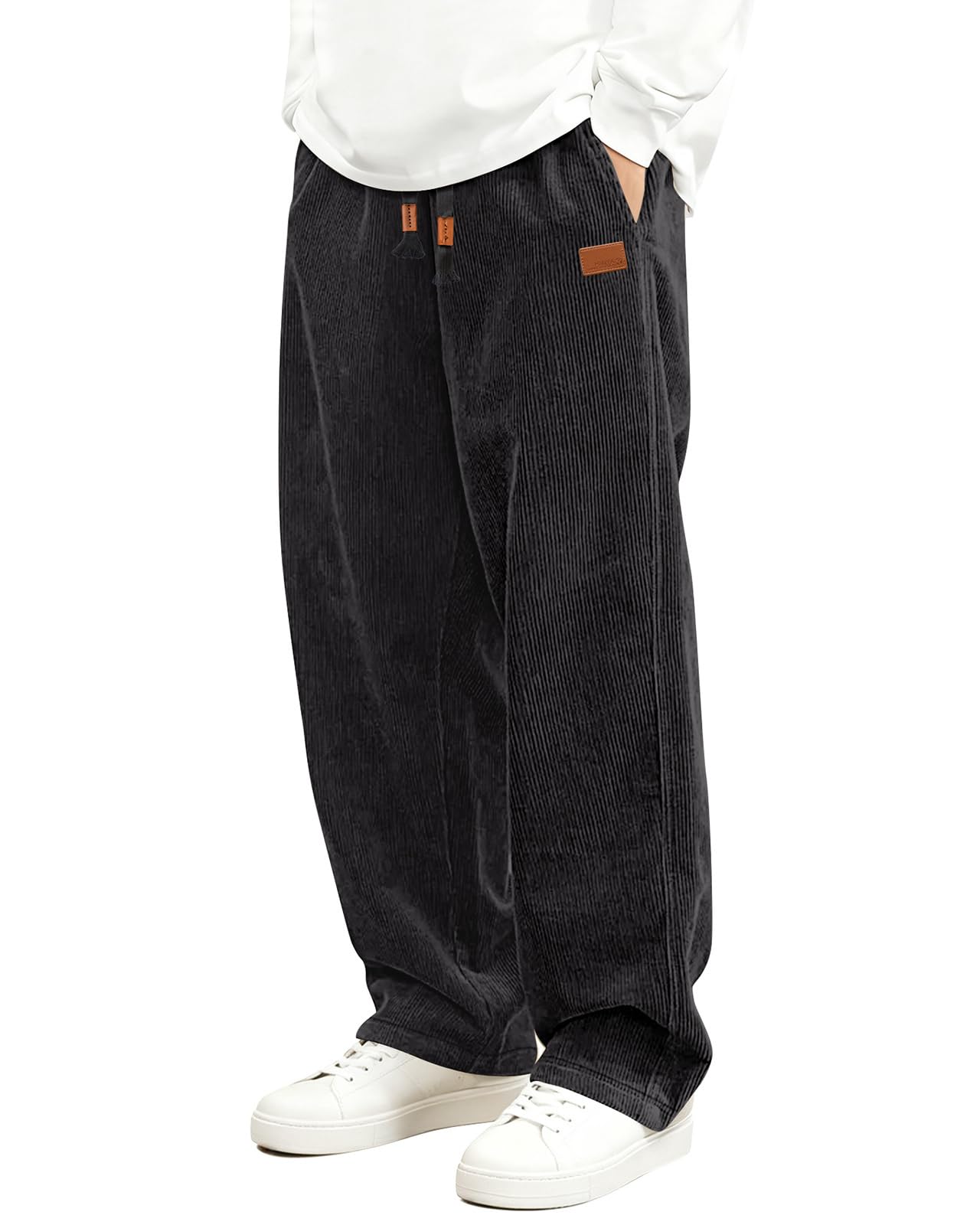 HMIYA Cord Hose Herren Chinohose Regular Weites Bein Hosen Mode Freizeithose Baumwolle Elastische Taillemit Taschen Schwarz XL Angebot bei HelloDeals