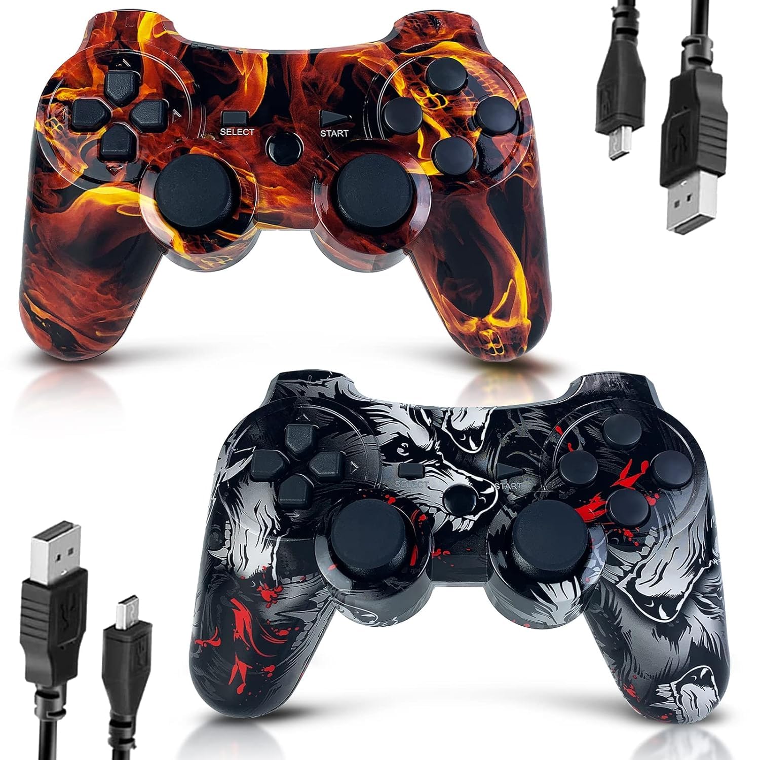 CHENGDAO Controller für PS3, 2 Pack Kabelloser Controller für Playstation 3 mit Double Shock Ergonomie, wiederaufladbarer Gamepad-Joystick mit Ladekabel (Skull & Fire) Angebot bei HelloDeals