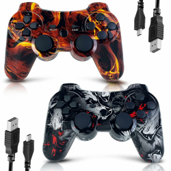 CHENGDAO Controller für PS3, 2 Pack Kabelloser Controller für Playstation 3 mit Double Shock Ergonomie, wiederaufladbarer Gamepad-Joystick mit Ladekabel (Skull & Fire) Angebot bei HelloDeals