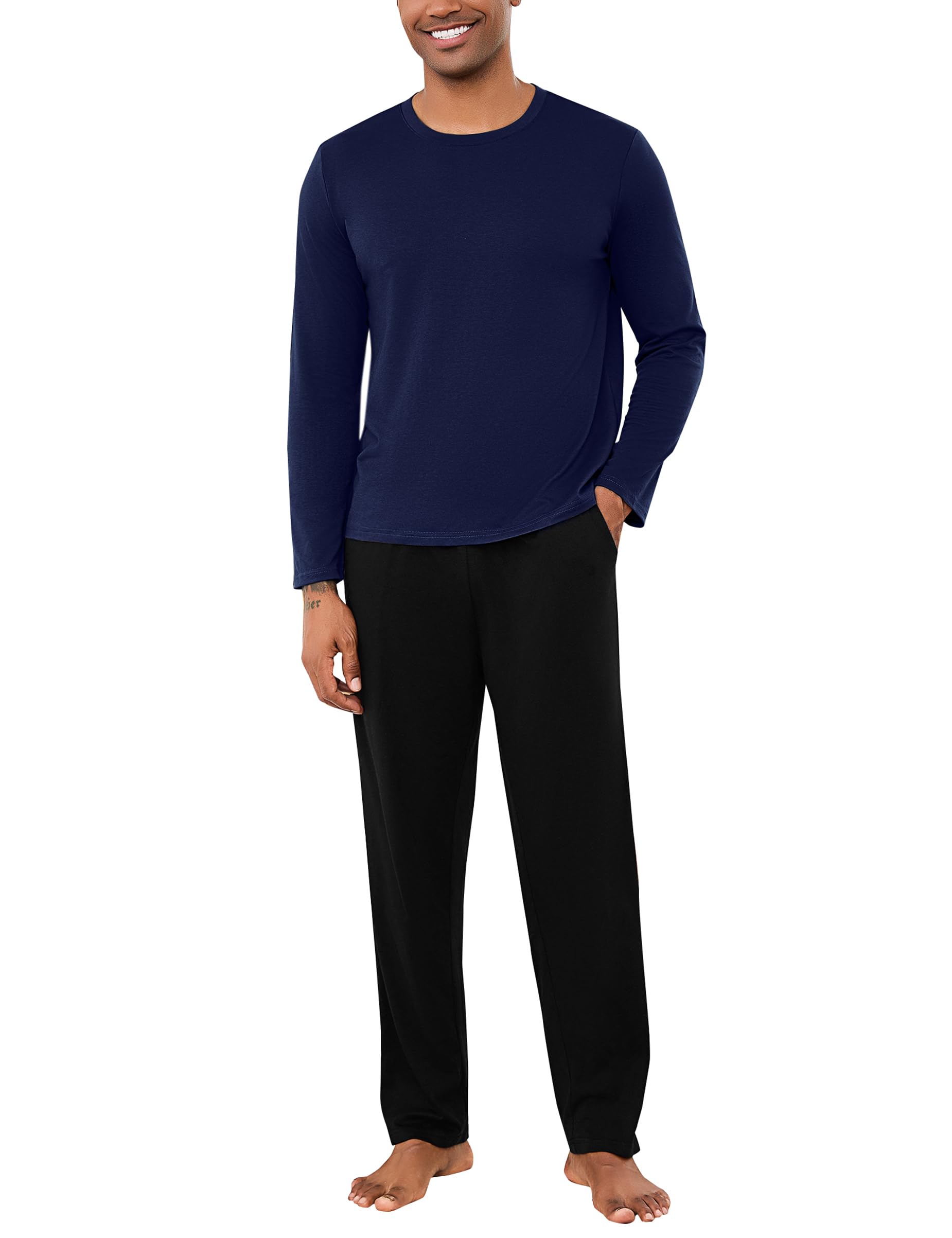 Schlafanzug Herren Lang Baumwolle Winter Pyjama Männer Langarm mit Schlafanzughose Zweiteilige Nachtwäsche S-3XL M Marineblau Angebot bei HelloDeals