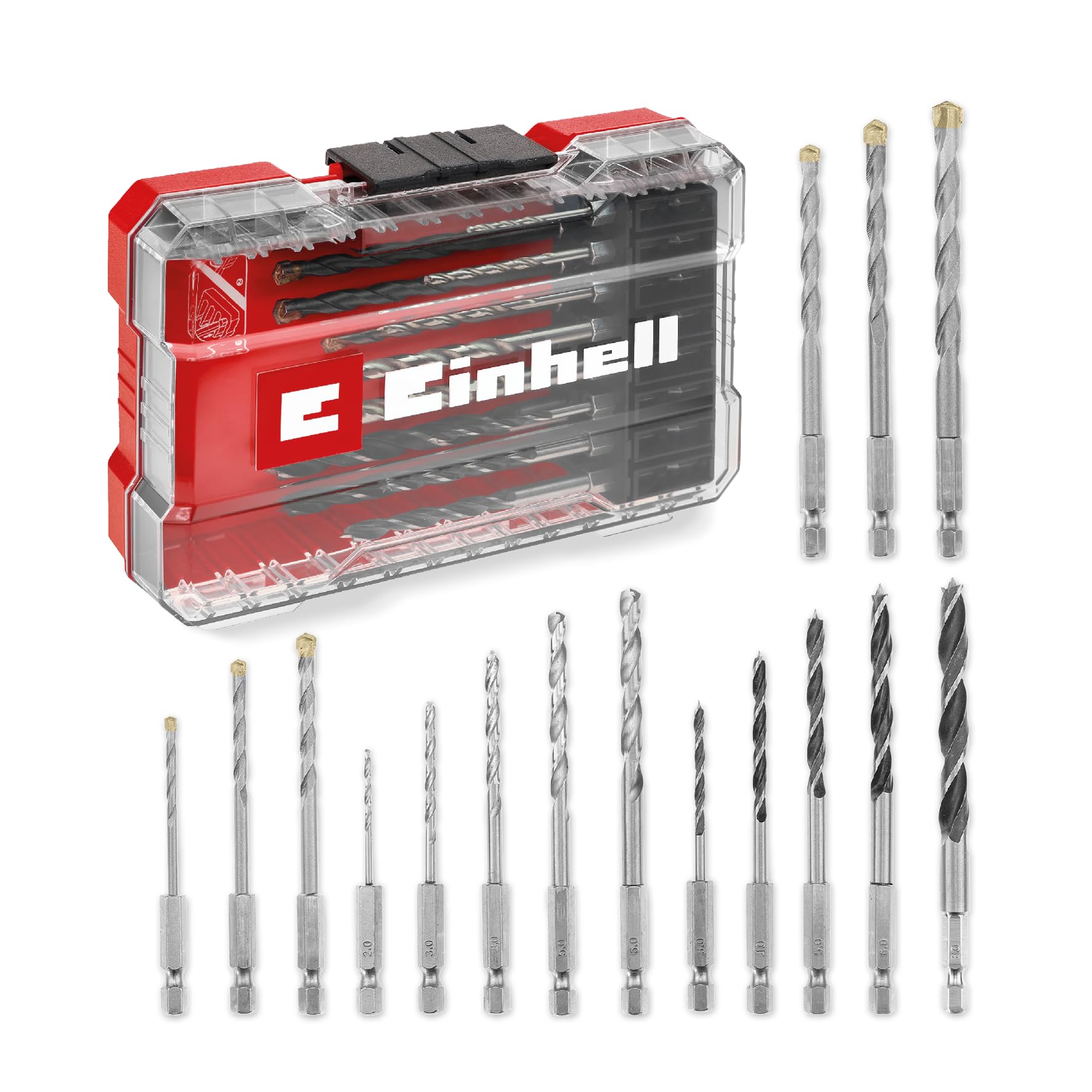 Original Einhell M-CASE 16-tlg. Bohrer-Set (Holzbohrer, Steinbohrer und Metallbohrer mit E 6.3 Schaft für Akkuschrauber und Bohrmaschinen inkl. Aufbewahrungsbox) Universal-Set Ø 2,0 - 8,0 mm Angebot bei HelloDeals
