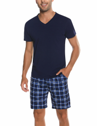 Schlafanzug Herren Pyjama Set Kurz Baumwolle Sommer Nachtwäsche Set Männer S-4XL XL Dunkelblau Angebot bei HelloDeals