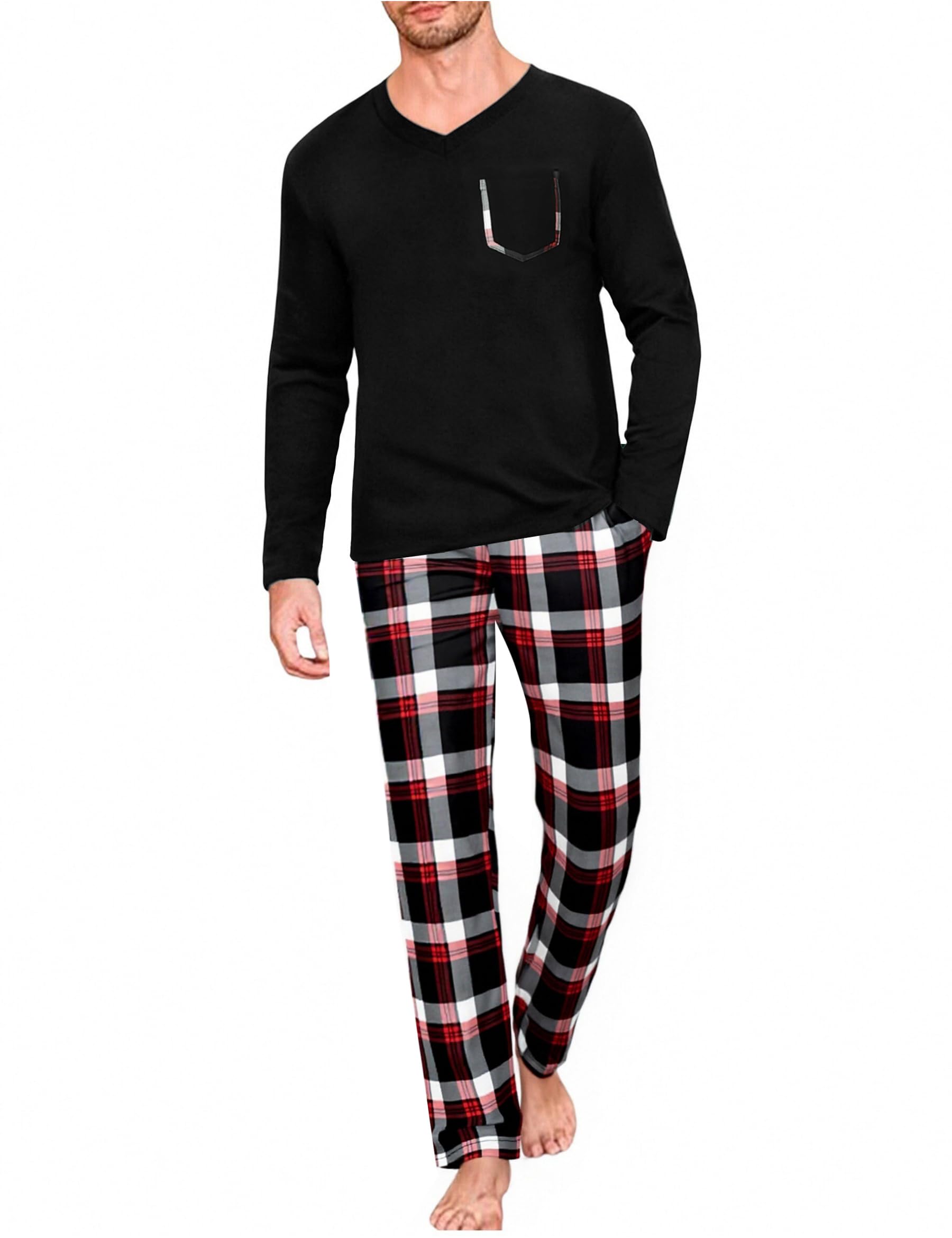 Uniexcosm Schlafanzug Herren Lang Kariert Pyjama Set Zweiteiler Nachtwäsche V-Ausschnitt Langarm Oberteil und Pyjamahose Sleepwear Schlafanzüge für Männer A:dunkelschwarz XXL Angebot bei HelloDeals