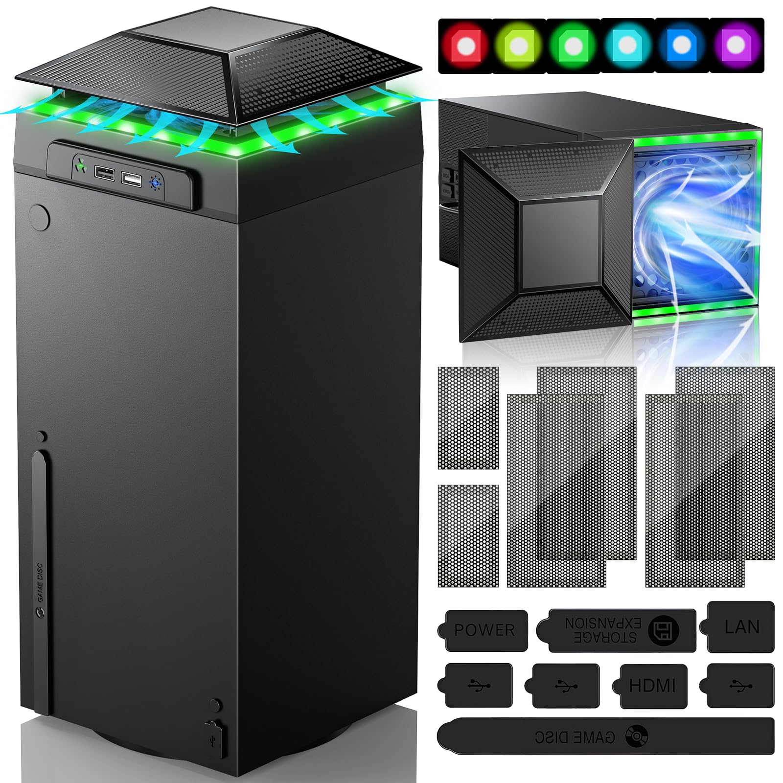 RGB-Lüfter für Xbox Series X mit Staubfilter und 7 RGB-LED-Lichtmodi, automatische, temperaturabhängige Lüftergeschwindigkeit, lichtunabhängiger Touch-Schalter, horizontales Kühlsystem Angebot bei HelloDeals