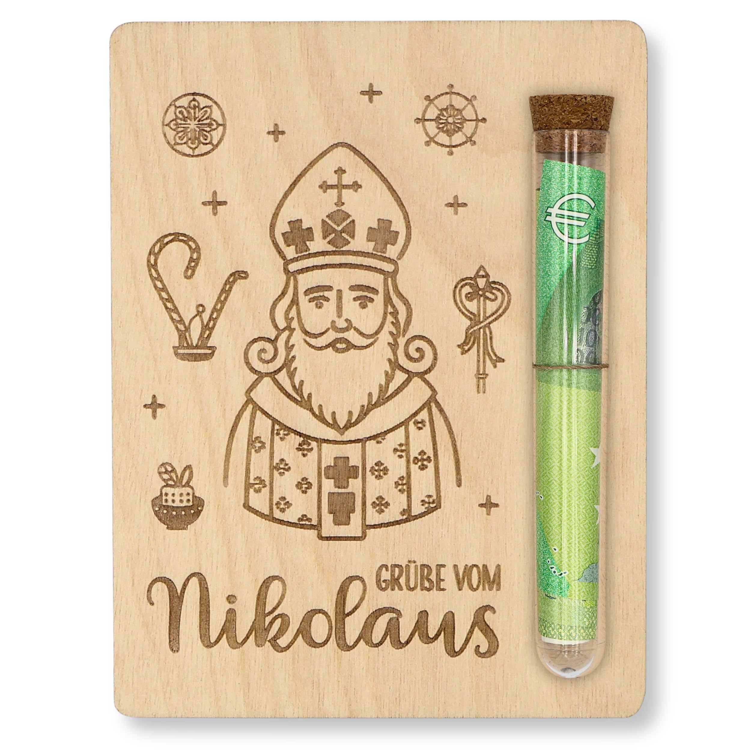 ZUKLA Geschenk Nikolaus - 13 x 10 cm - mit Reagenzglas - Geldgeschenk Verpackung - Nikolaustag - aus Holz - lustiges Geschenk Angebot bei HelloDeals