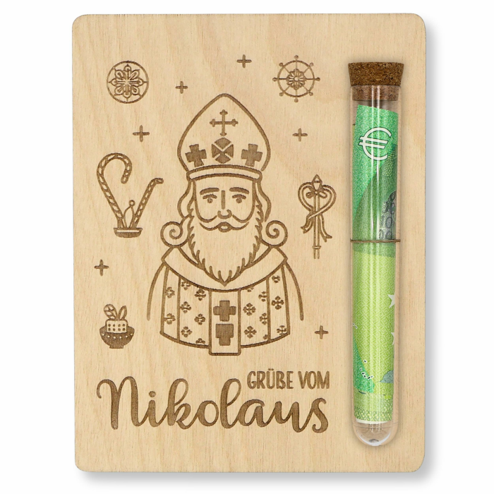 ZUKLA Geschenk Nikolaus - 13 x 10 cm - mit Reagenzglas - Geldgeschenk Verpackung - Nikolaustag - aus Holz - lustiges Geschenk Angebot bei HelloDeals