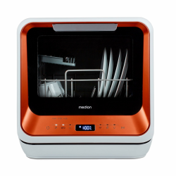 MEDION Mini Geschirrspüler DWT20 (Tischgeschirrspüler, Spülmaschine, 2 Maßgedecke, funktioniert mit/ohne Wasseranschluss, 6 Reinigungsprogramme, Babyflaschen, Startzeitvorwahl, freistehend) bronze Orange Angebot bei HelloDeals