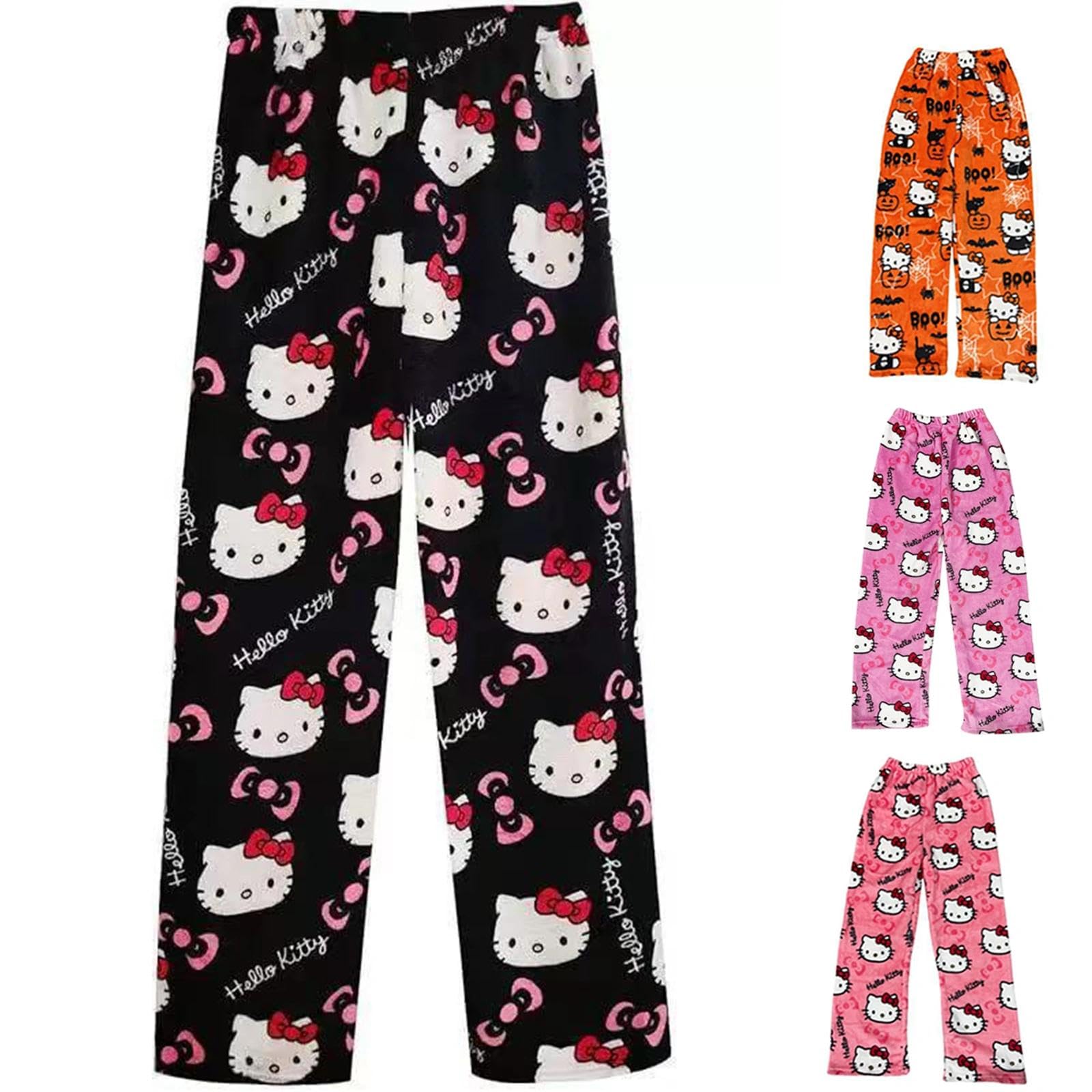 Pyjama Hose Damen,Halloween Pyjamas Hosen Lang Flanell PyjamasHose Schlafanzug Weich Kawaii Pyjamas Hose Anime Bequeme Schlafanzughose Cartoon Casual Schlafhose Herbst-Winter M Schwarz Angebot bei HelloDeals