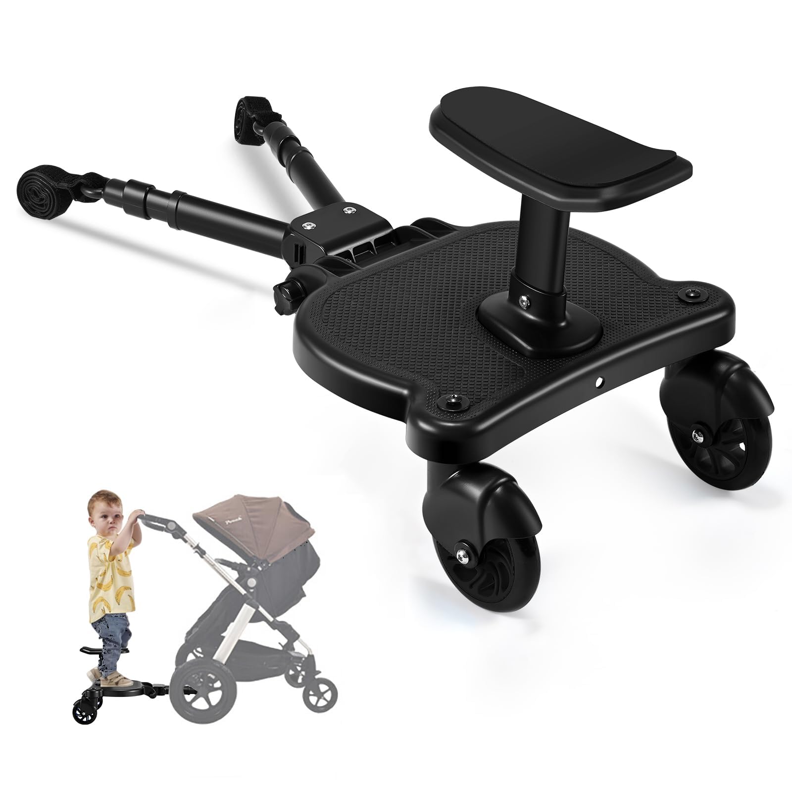 Buggy Board mit Sitz, Buggy Board für alle Kinderwagen, Trittbrett Mitfahrbrett universal, Kiddy Board für Kinder von 2-6 Jahren, Bearing 25KG (Schwarz) Angebot bei HelloDeals