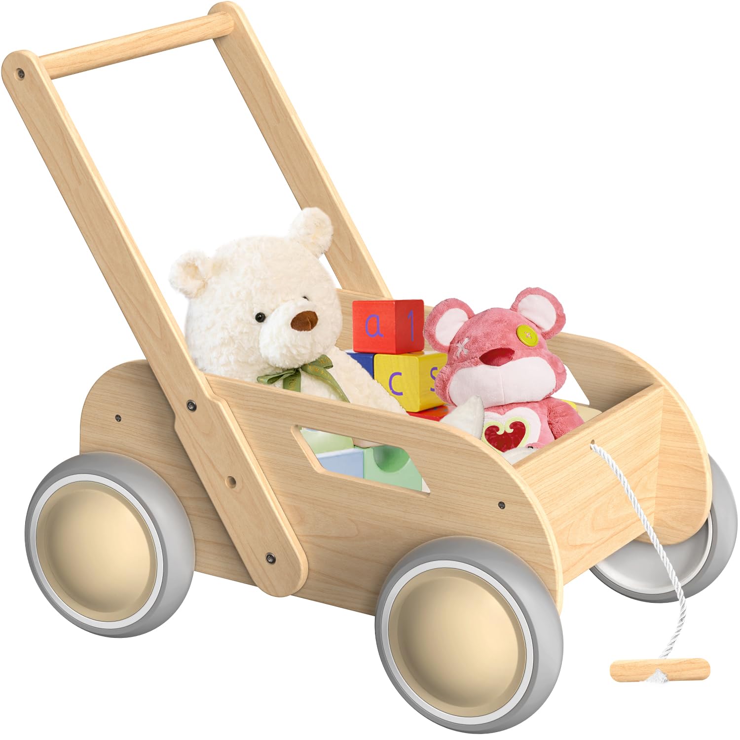 Lauflernwagen Holz, Baby Lauflernhilfe für Junge und Mädchen, Toddler Push & Pull Lauflernspielzeug, Kinderwagen aus Holz, Baby Walker mit Rädern, Geschenk für Geburtstag Weihnachten, Naturfarbe Angebot bei HelloDeals
