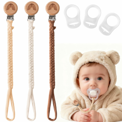 3er-Pack Schnullerkette Baumwolle, Geflochtene Schnullerband, Baby Schnullerhalter mit Buchenholz Clip, Unisex Design für Mädchen und Jungen (Weiß Creme Braun) Angebot bei HelloDeals