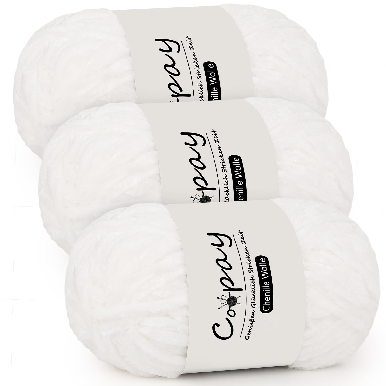 Coopay Chenille Wolle zum Häkeln, 3x100g Samtig Chenillegarn, Dicke Flauschige Weiche Garn, Wolle für Decken, Schals - Weiß Angebot bei HelloDeals