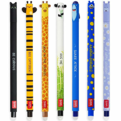Legami Set mit 7 radierbaren Gelstiften mit thermoempfindlicher Radiertinte, verschiedene Tintenfarben und Schaftdesigns, 0,7 mm Spitze, Designs: Katze, Biene, Corgi, Giraffe, Panda, Hai, Nilpferd 7er Set Angebot bei HelloDeals