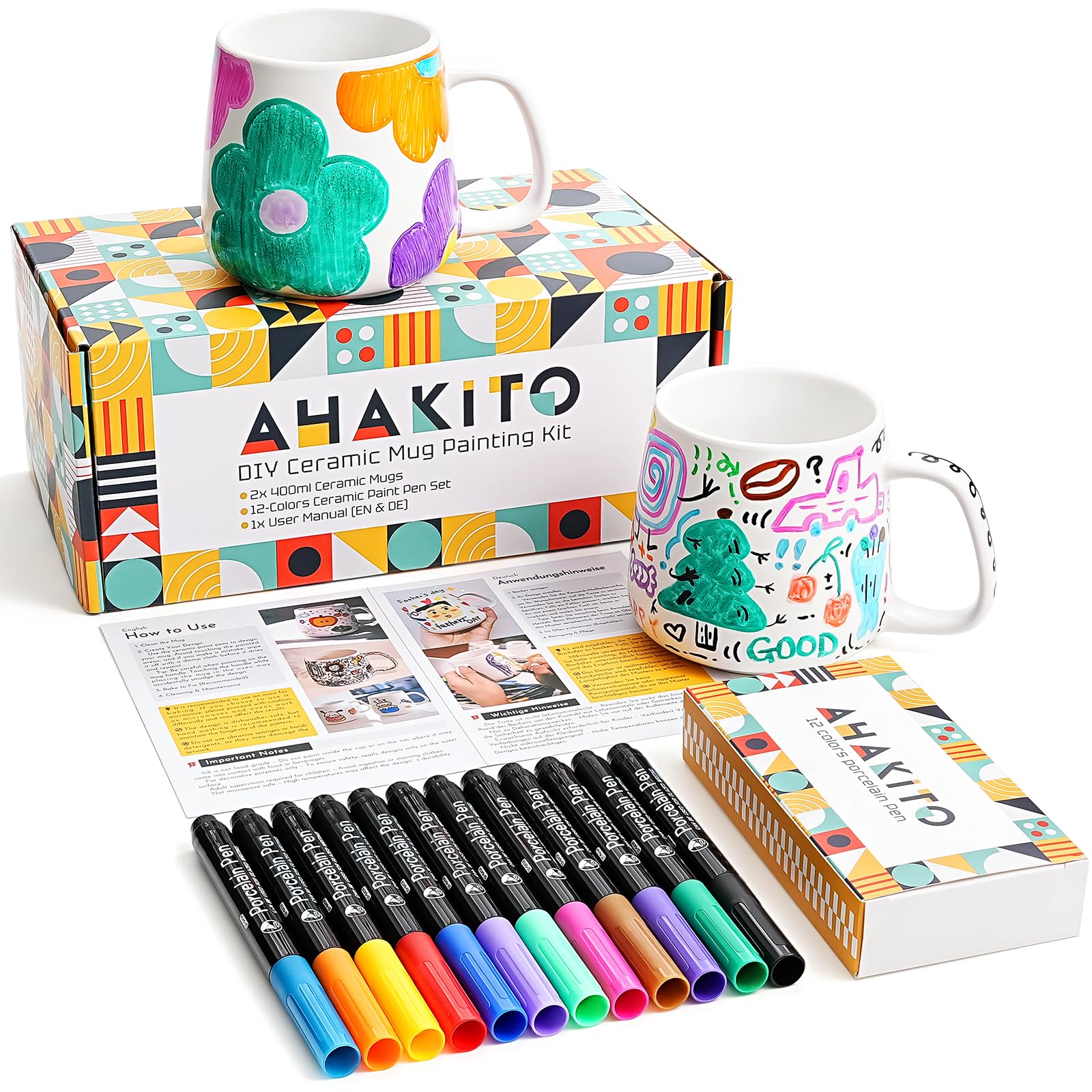 ahakito Keramik Tassen Bemalen Set WeißE Porzellan Tasse Zum Bemalen Set Malset Porzellanstifte SpüLmaschinenfest, Kreativ Geschenk für Ihn Sie,Tasse Selbst Gestalten Basteln Erwachsene Angebot bei HelloDeals