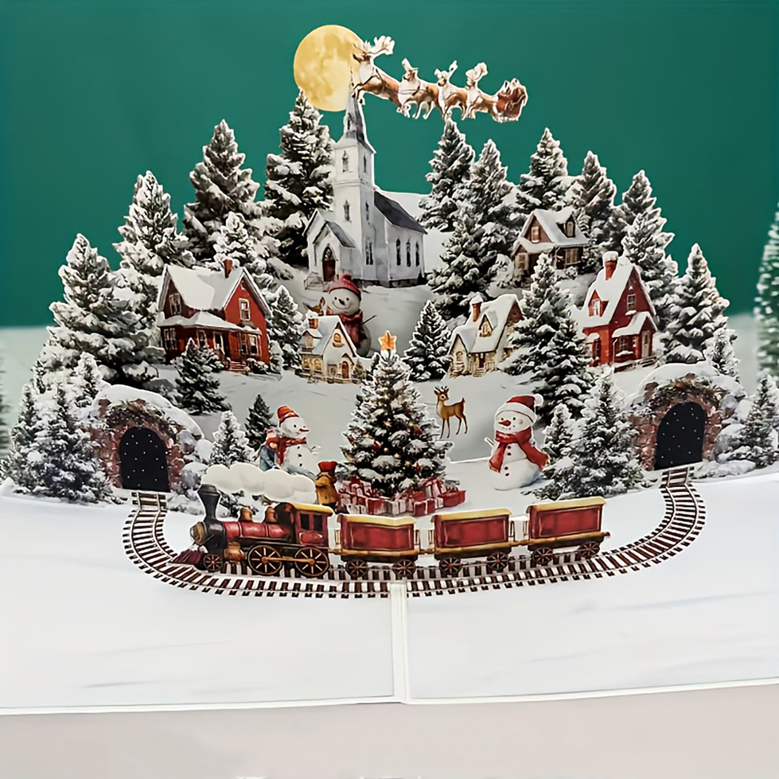 3D Pop-up Weihnachtskarte, mit Weihnachtsmann, Rentieren, und Weihnachtsbaum, klappkarten, Weihnachtspostkarten mit Umschlag für Freunde und Familie, Frohe Weihnachten Merry Christmas Christmas Snow Village Angebot bei HelloDeals