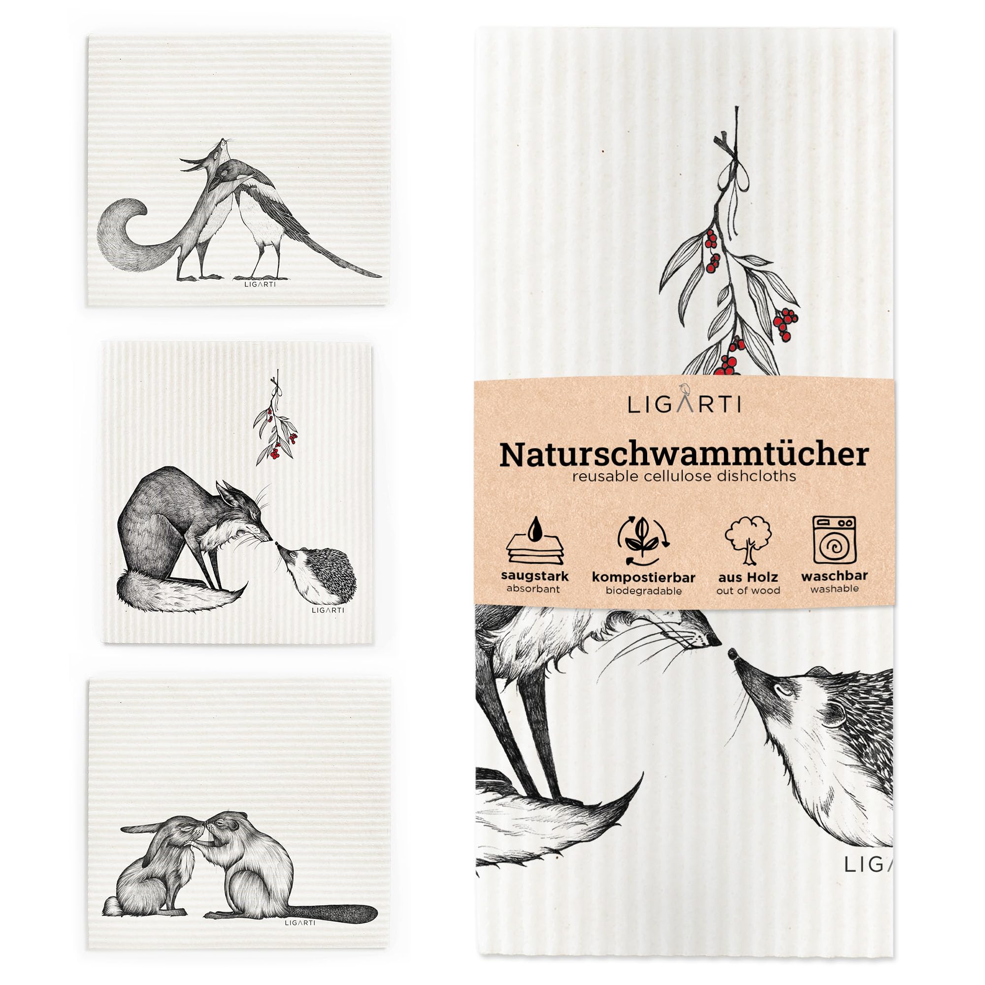 Ligarti® Schwammtücher aus Holz (100% öko & waschbar) 3er Set Spültücher nachhaltig kompostierbar I Allzwecktücher für den Haushalt Made in Germany I Spüllappen, Spülschwamm (Kuscheltiere) Angebot bei HelloDeals