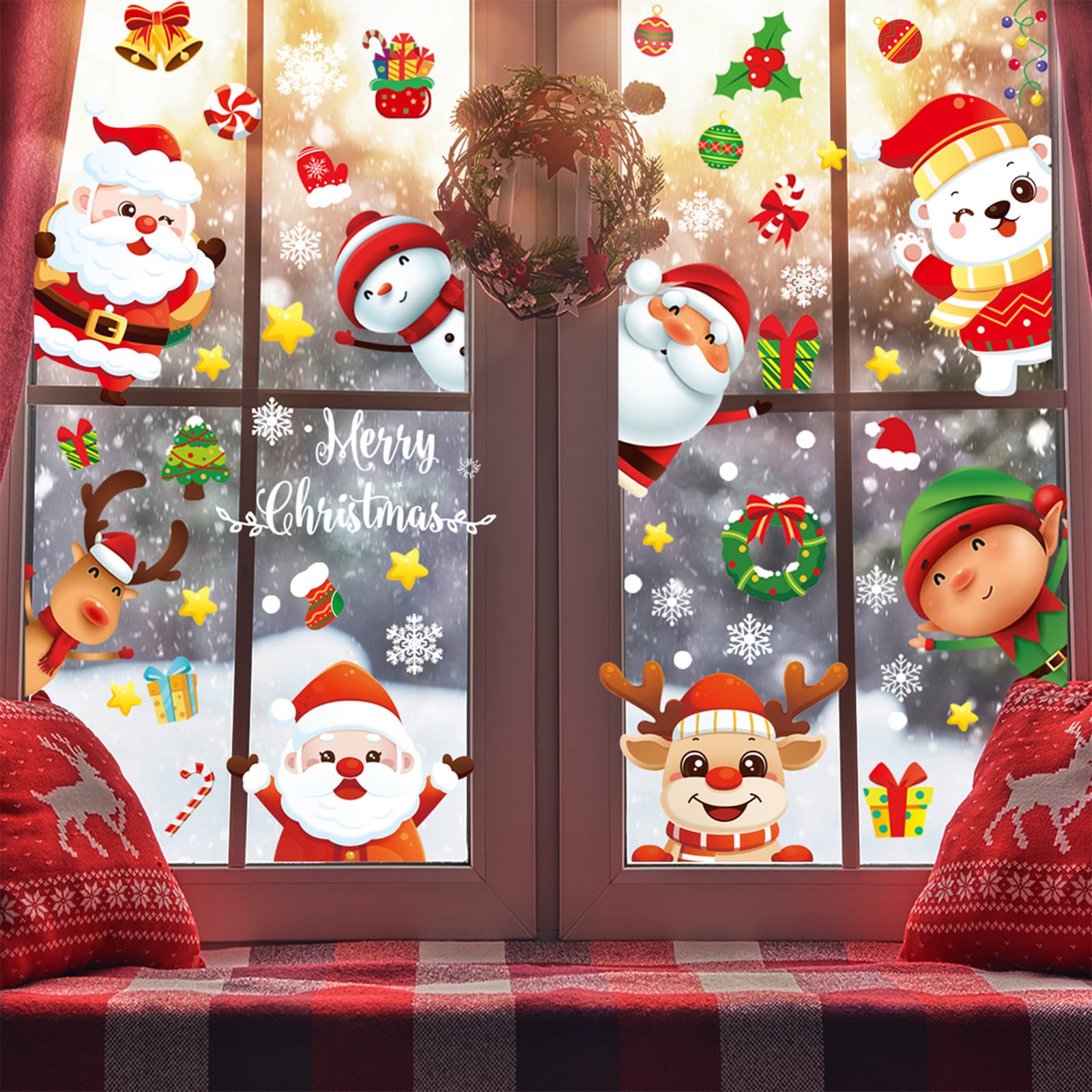 Fensterbilder Weihnachten,9tlg Weihnachten Fenstersticker,Selbstklebend Fensterdeko Weihnachten Aufkleber,Weiß Fensterbilder Winter als Deko Weihnachten für Türen und Fenstern Christmas stickers Angebot bei HelloDeals