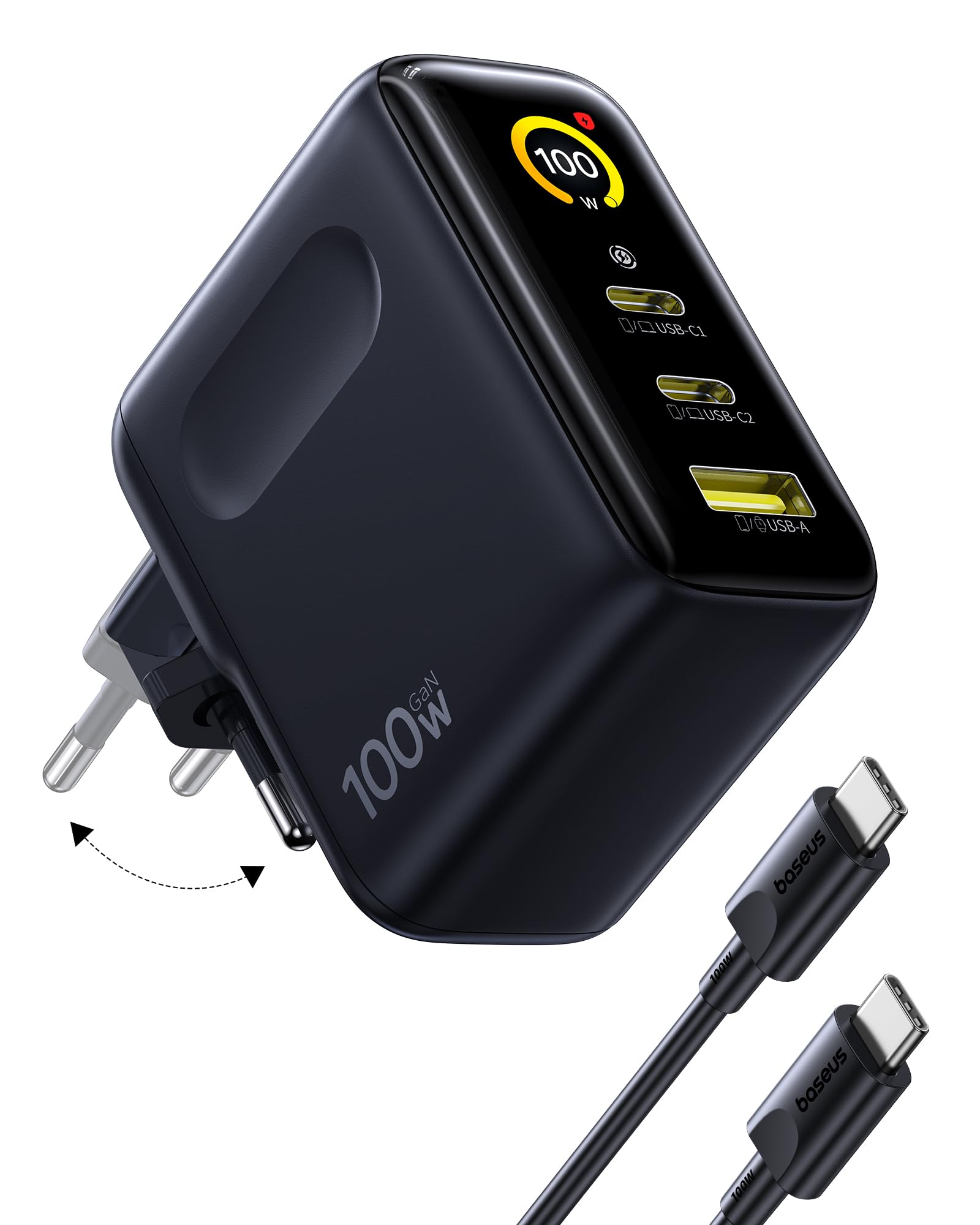 Baseus Picogo AI 100W USB C Ladegerät, Smart Display & Touch Control, 3-in-1 Schnellladeleistung, Fortschrittliches GaN Netzteil, Kompatibel mit MacBook, iPhone 17/16/15/14, Samsung, Pixel und mehr Angebot bei HelloDeals