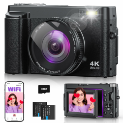 4K 64MP Digitalkamera mit WLAN, 16X Digitalzoom, 180° Flip Screen Autofokus Vlogging Fotoapparat mit Selfie, WiFi Kompaktkamera mit 32GB Karte 2 Batterien für Anfänger Schwarz Angebot bei HelloDeals